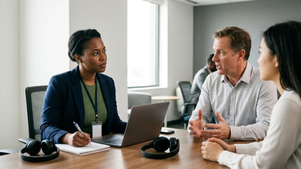 Diverse professionals in business meeting around conference table with laptop and headphones, with headline "How Much Does a Certified Interpreter Cost Per Hour" by CCI Group.