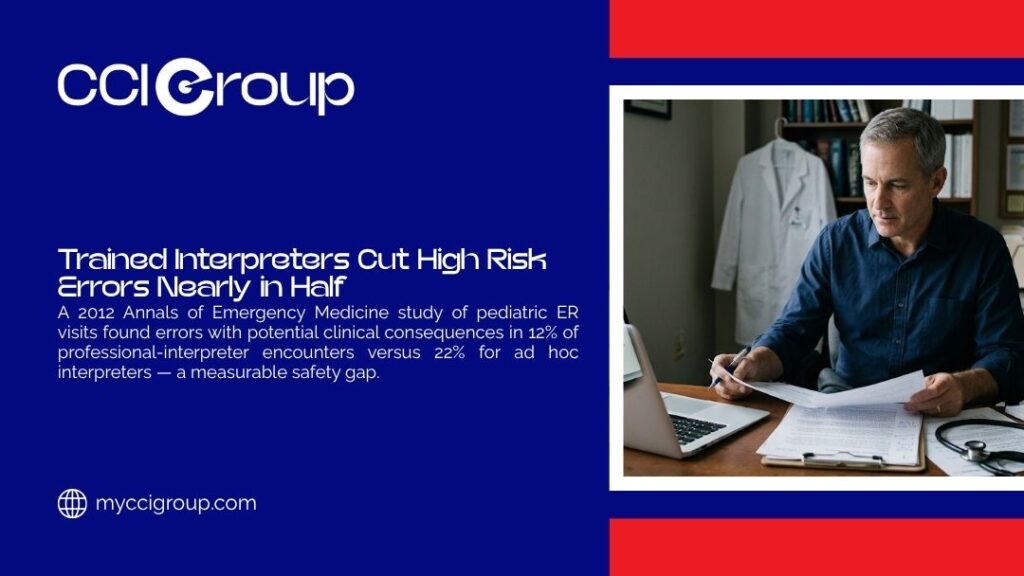 Male doctor reviewing medical documents at desk with laptop and stethoscope, with headline "Trained Interpreters Cut High Risk Errors Nearly in Half" by CCI Group.