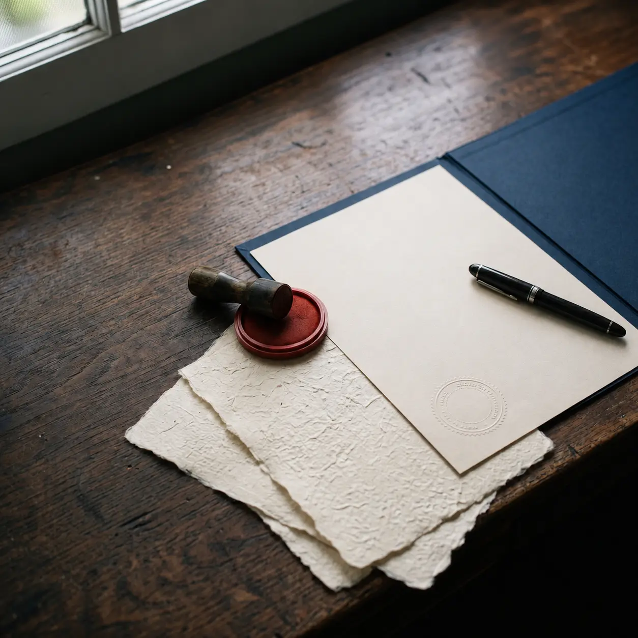 Japanese notarization services by CCI Group — wax seal stamp, embossed notary seal, and fountain pen on handmade paper.