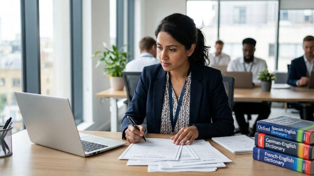 Woman in business attire reviewing documents and writing at desk with laptop and dictionaries, with headline "How Much Does Certified Document Translation Cost Per Page" by CCI Group.