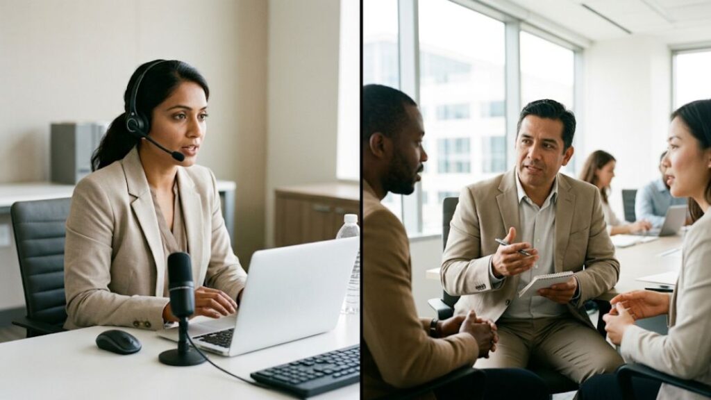 Split image showing woman with headset at desk and business professionals in meeting, with headline "How Much Does Over the Phone Interpreting Cost Compared to In Person" by CCI Group.