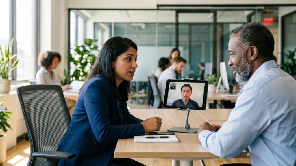 Woman in blue blazer and man in meeting using tablet for video interpreter, with headline "How Much Does Video Remote Interpreting Cost for a Business" by CCI Group.