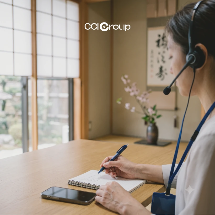 A woman wearing a headset takes notes on a spiral notepad in a traditional Japanese tatami room with shoji screens and cherry blossoms, representing CCI Group's Japanese interpretation services.