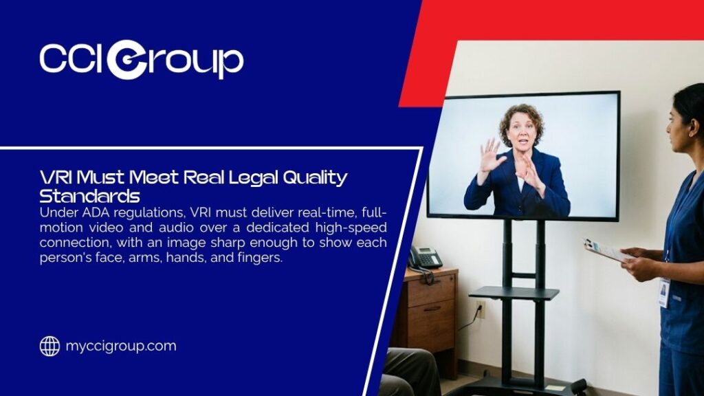 Healthcare worker viewing sign language interpreter on large screen in medical setting, with headline "VRI Must Meet Real Legal Quality Standards" by CCI Group.