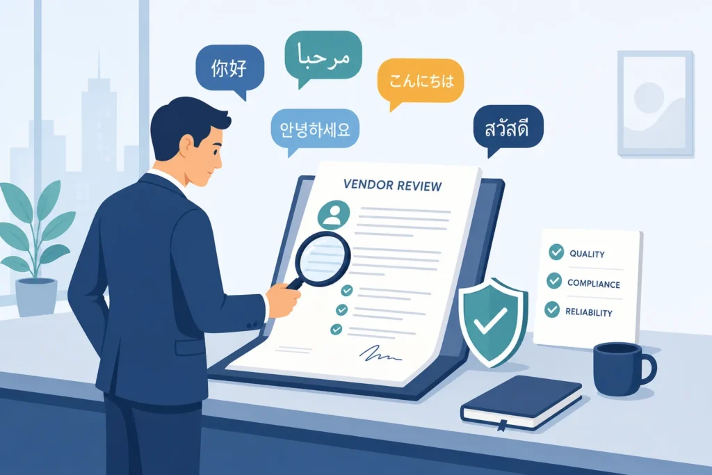 Flat illustration of a buyer inspecting a language services contract with a magnifying glass beside multilingual speech bubbles and a security shield