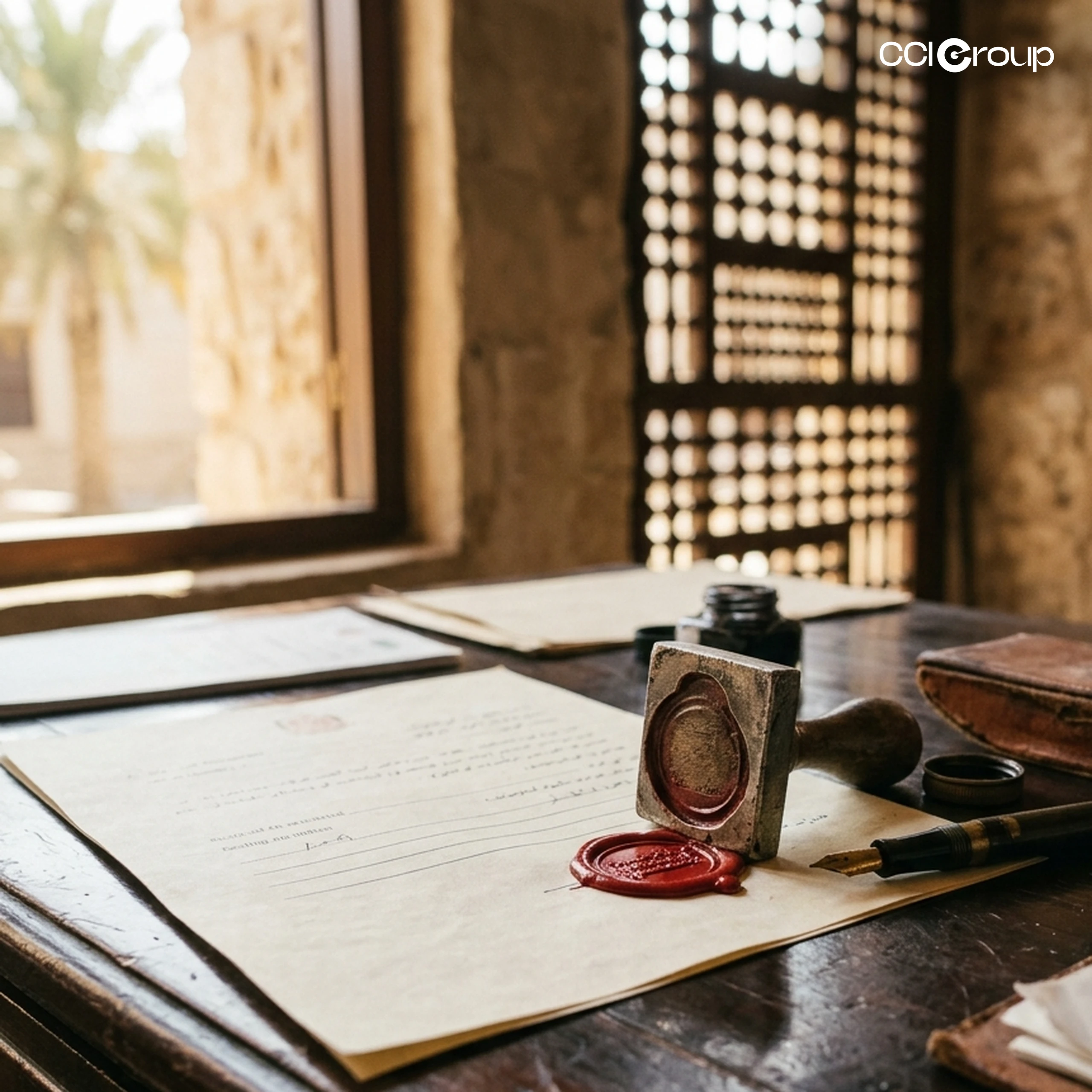 Red wax seal and stamp on Arabic documents with fountain pen on wooden desk in traditional setting, CCI Group.