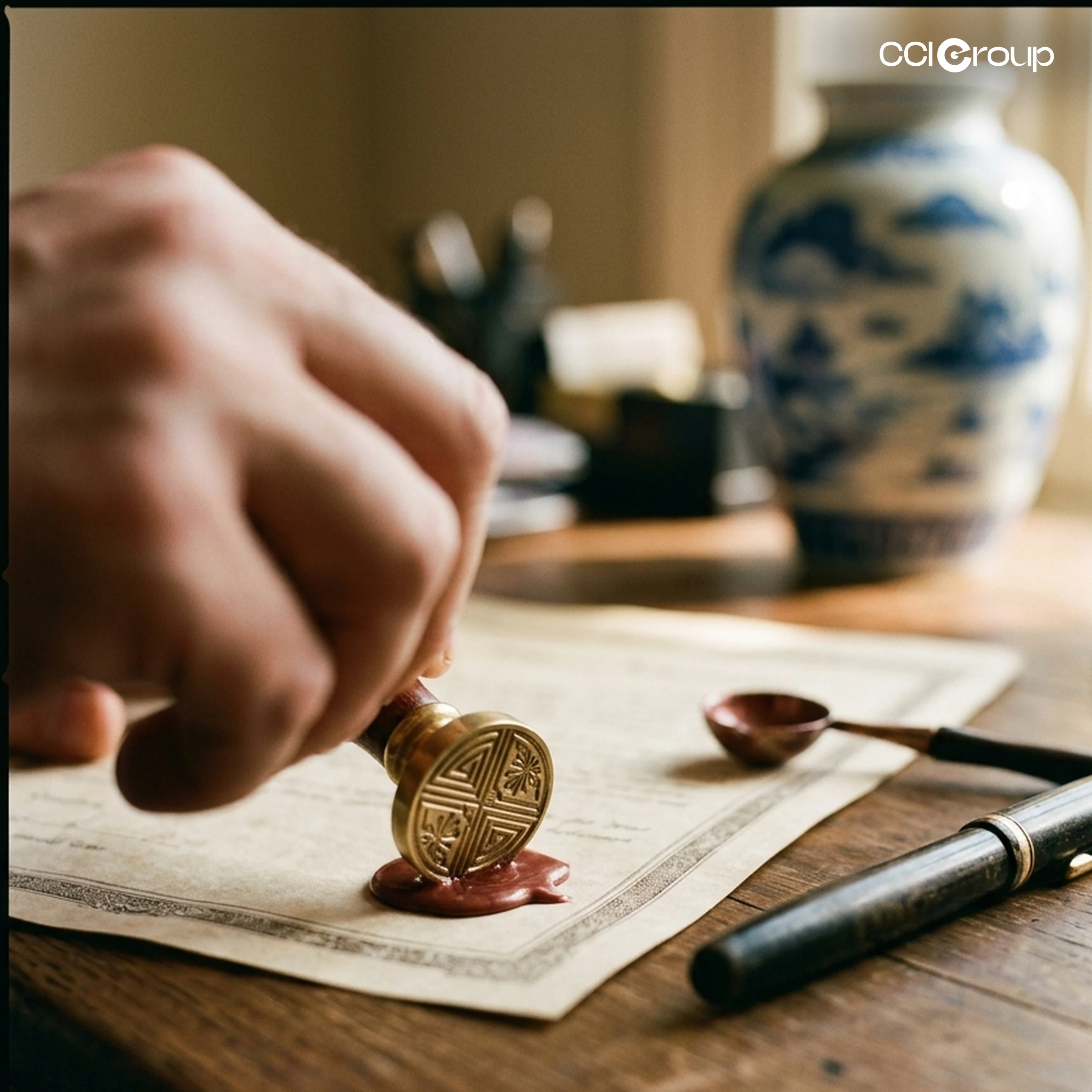 Hand stamping traditional Chinese seal in red wax on official document for China Mandarin notarization by CCI Group.