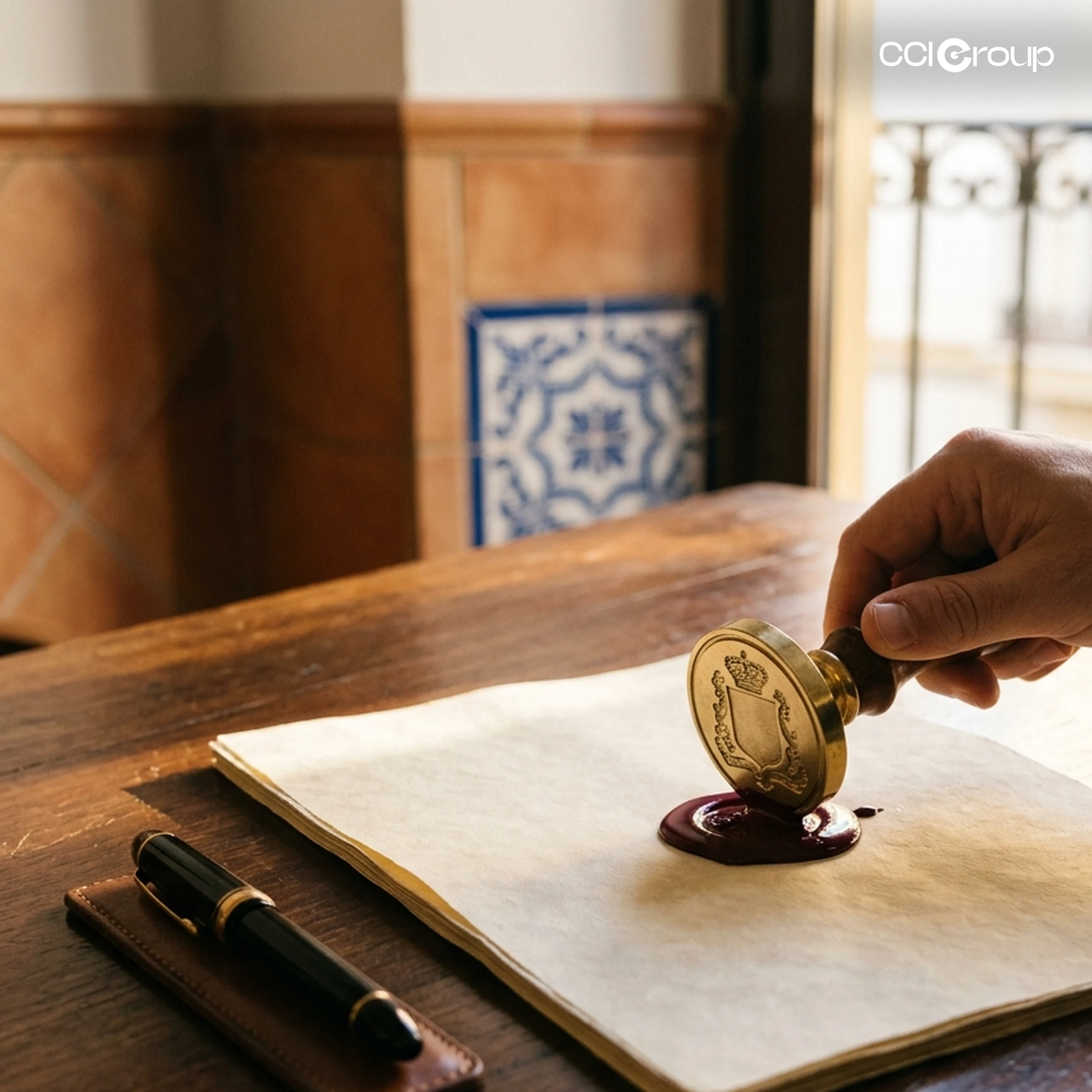 Hand applying red wax seal with brass stamp to document on wooden desk, fountain pen nearby.