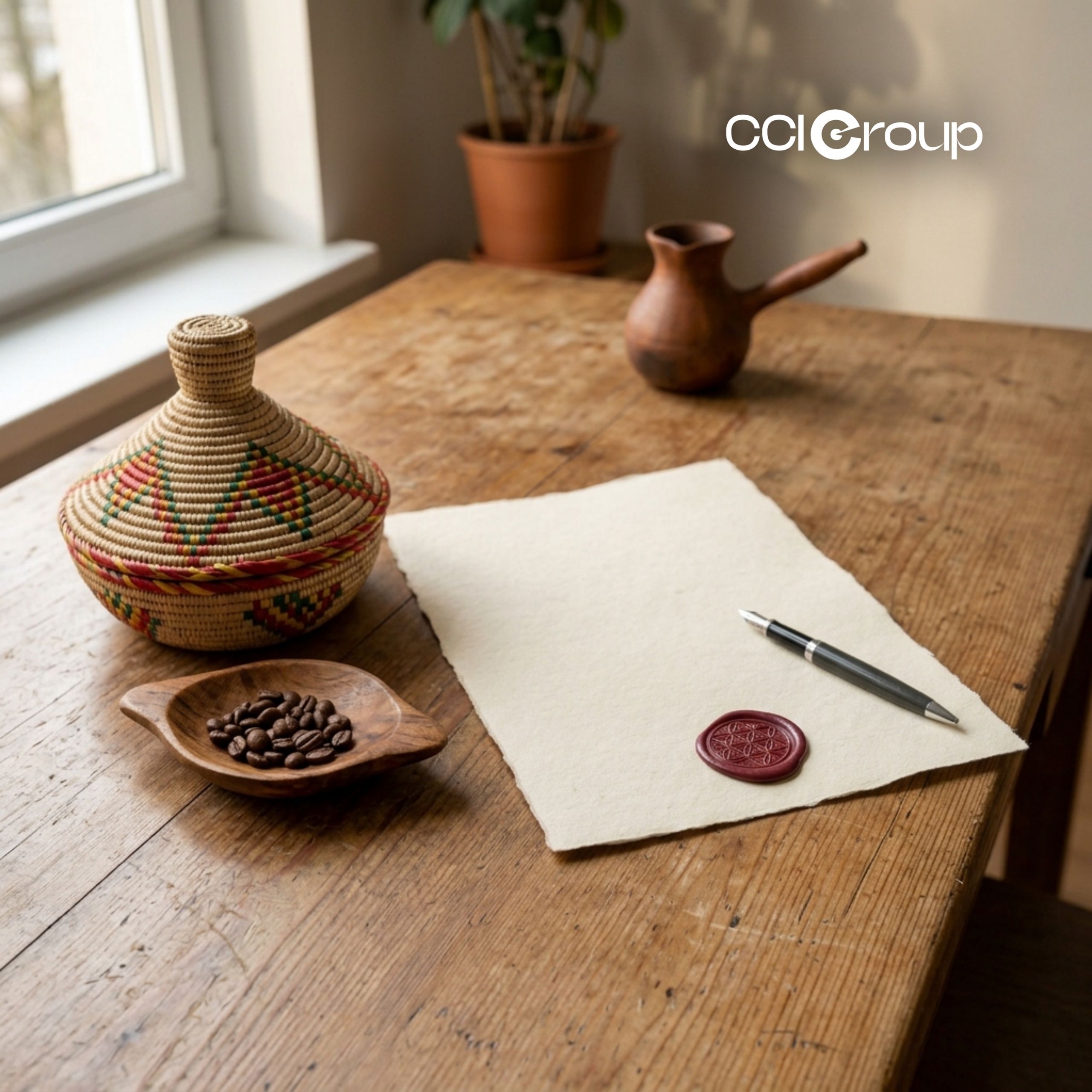Traditional woven basket, coffee beans, clay pot and sealed document for professional Amharic translation by CCI Group.
