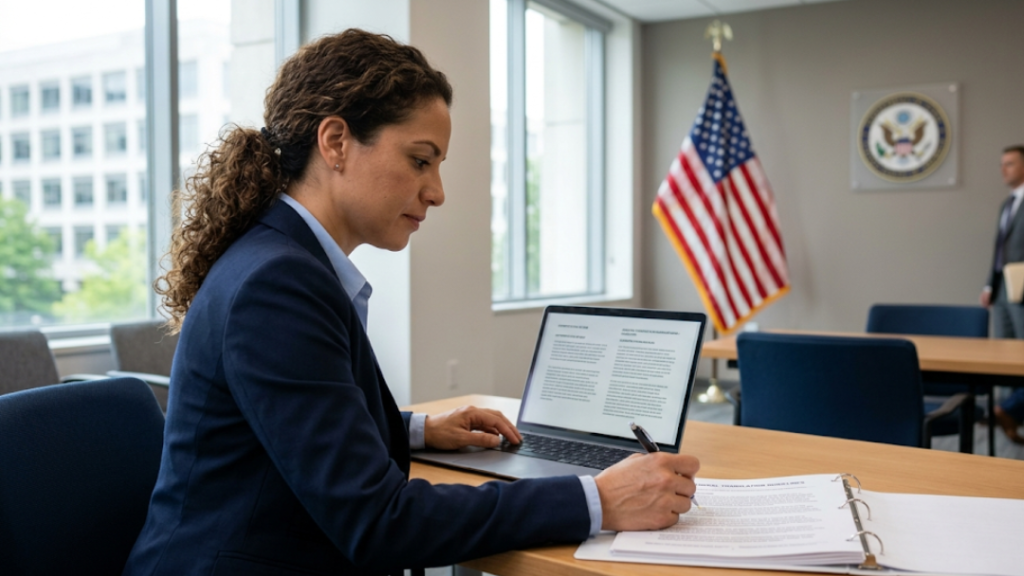 Professional woman reviewing documents and laptop in government office for AI translation policy discussion.