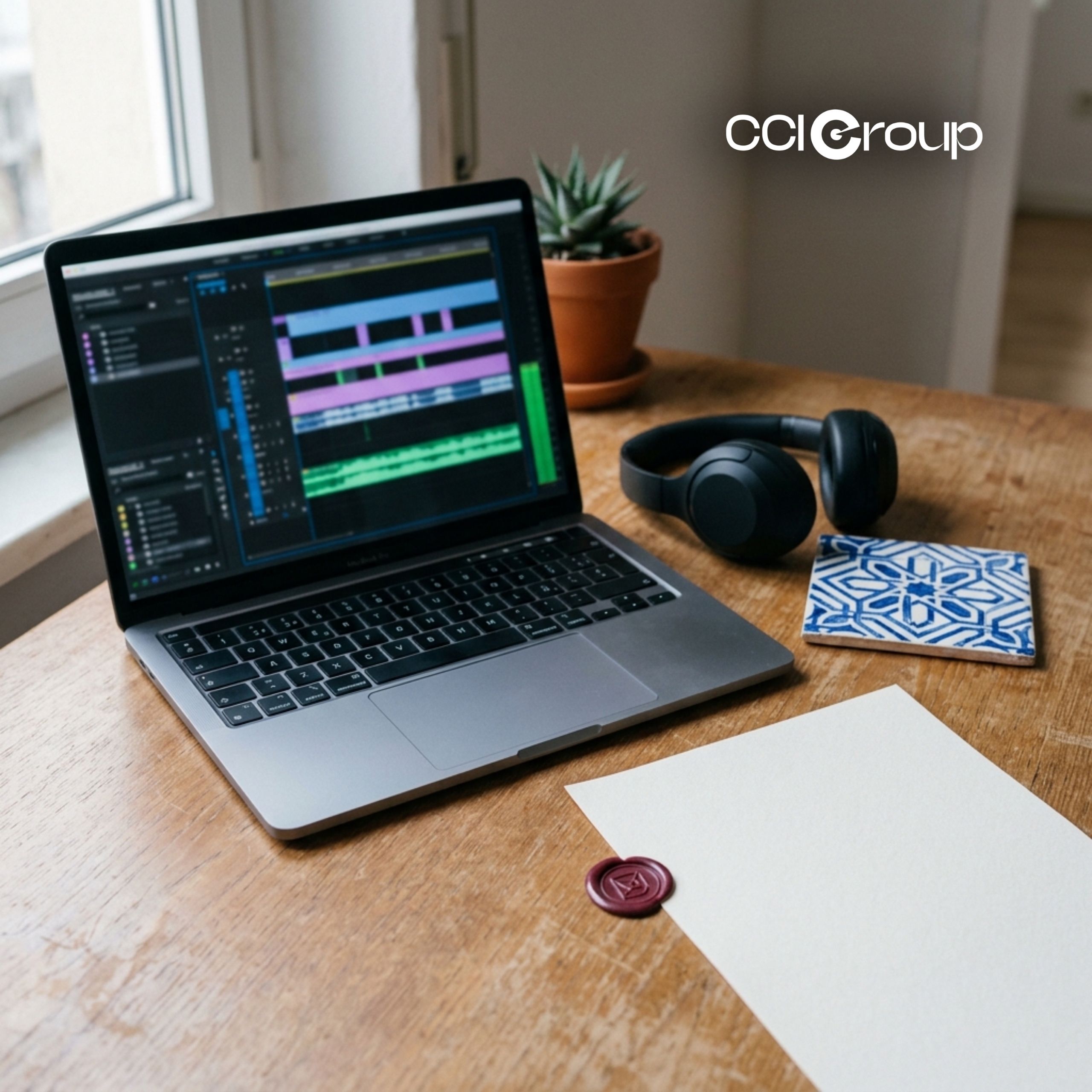 Laptop with audio editing software, headphones, and notepaper on a desk.