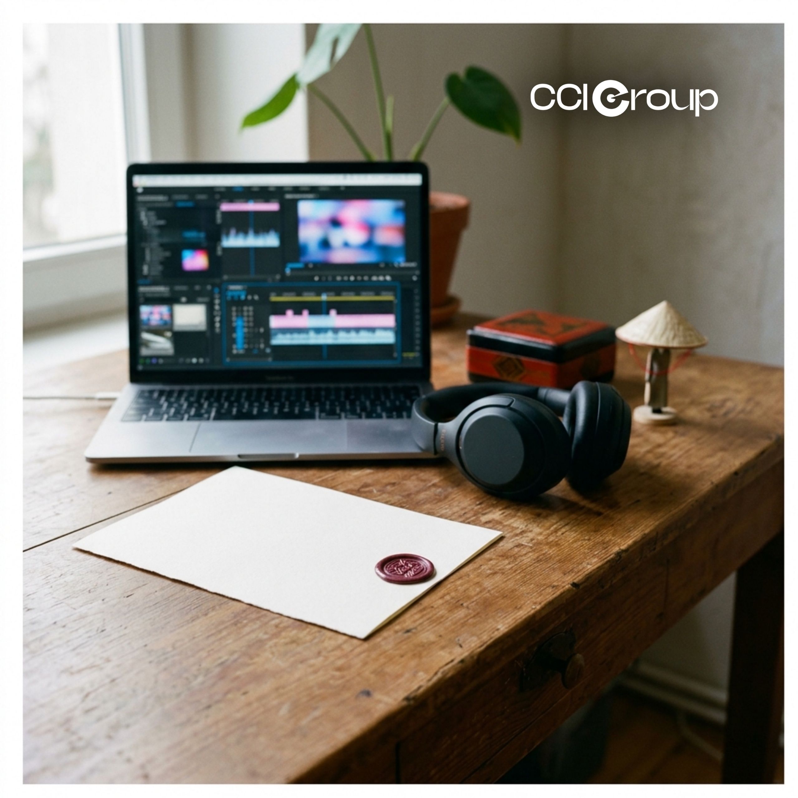 Laptop with video editing, headphones, lacquer box, and wax-sealed paper.