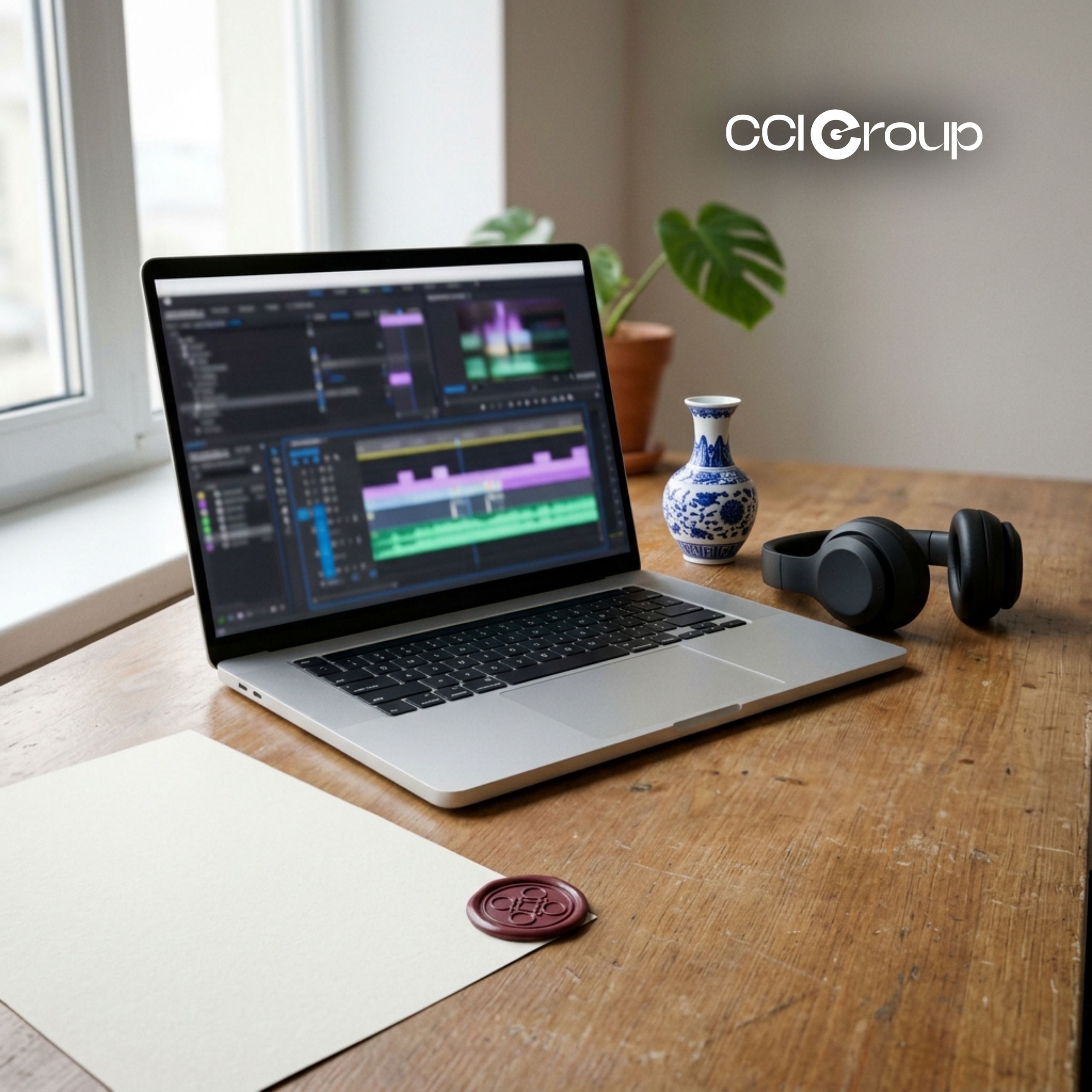 Laptop with video editing, headphones, blue porcelain vase, and wax-sealed paper.