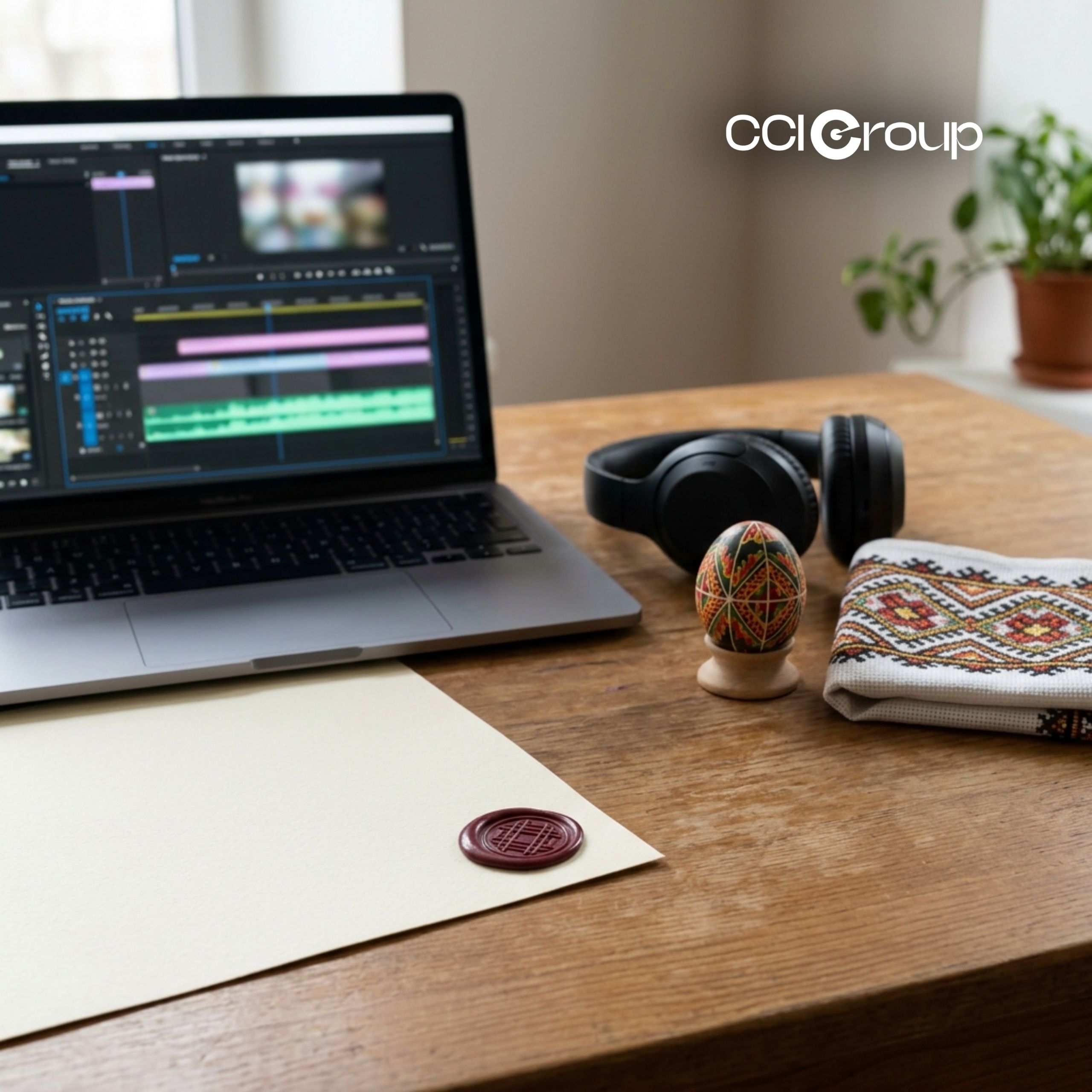 Laptop with video editing, headphones, pysanka egg, and embroidered cloth.