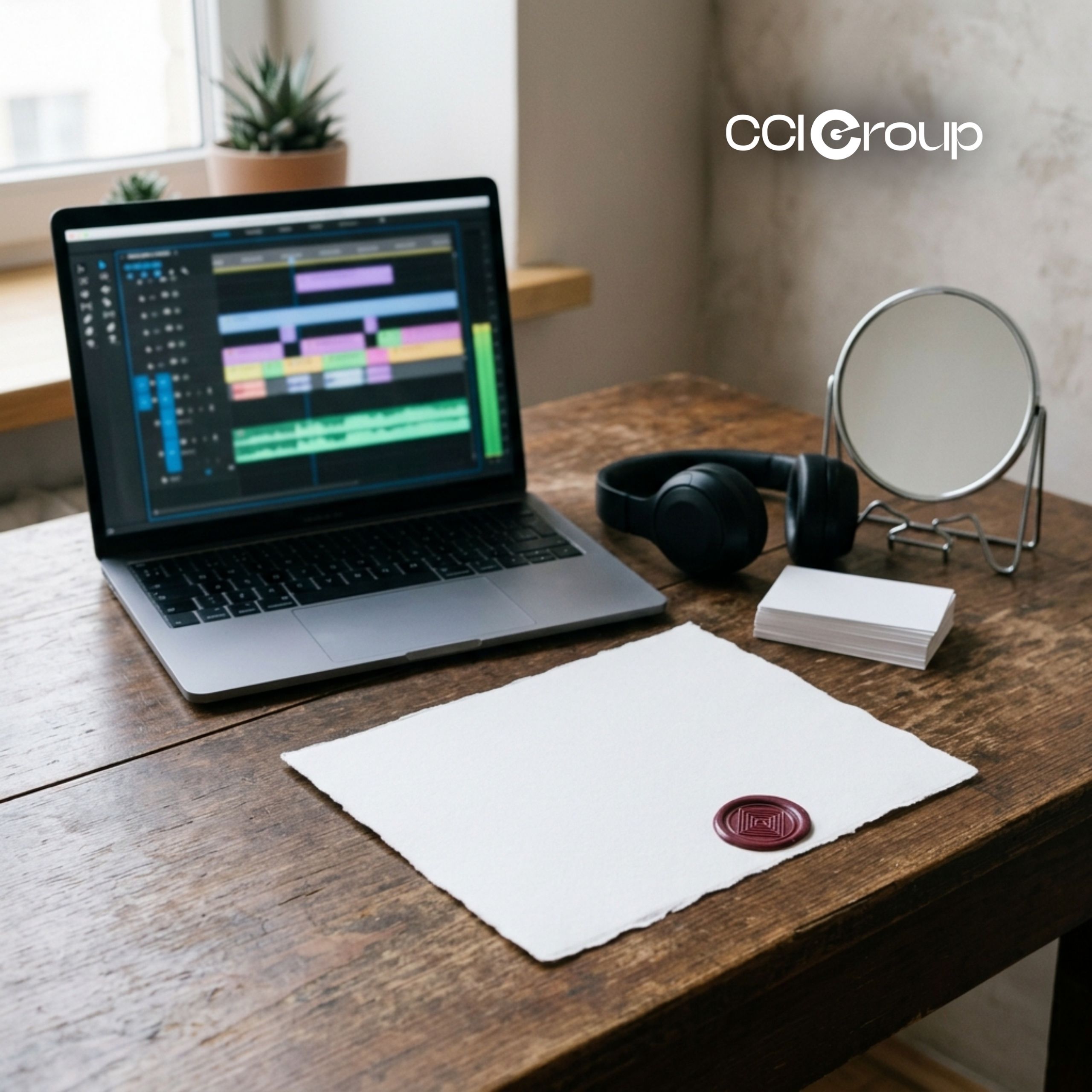 Laptop with audio software, headphones, wax-sealed paper, and mirror on a desk.