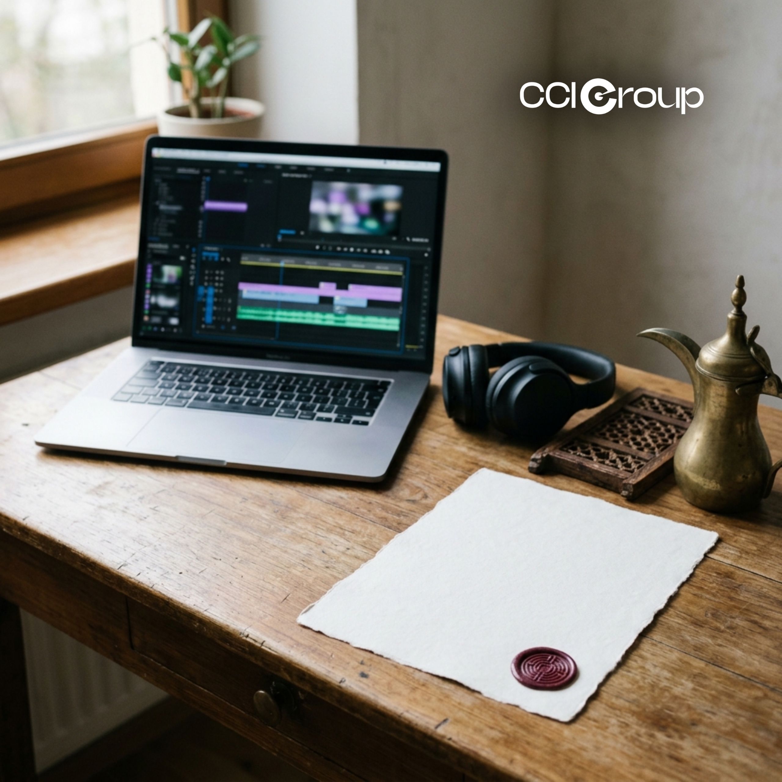 Laptop with video editing, headphones, dallah pot, and wax-sealed paper on a desk.
