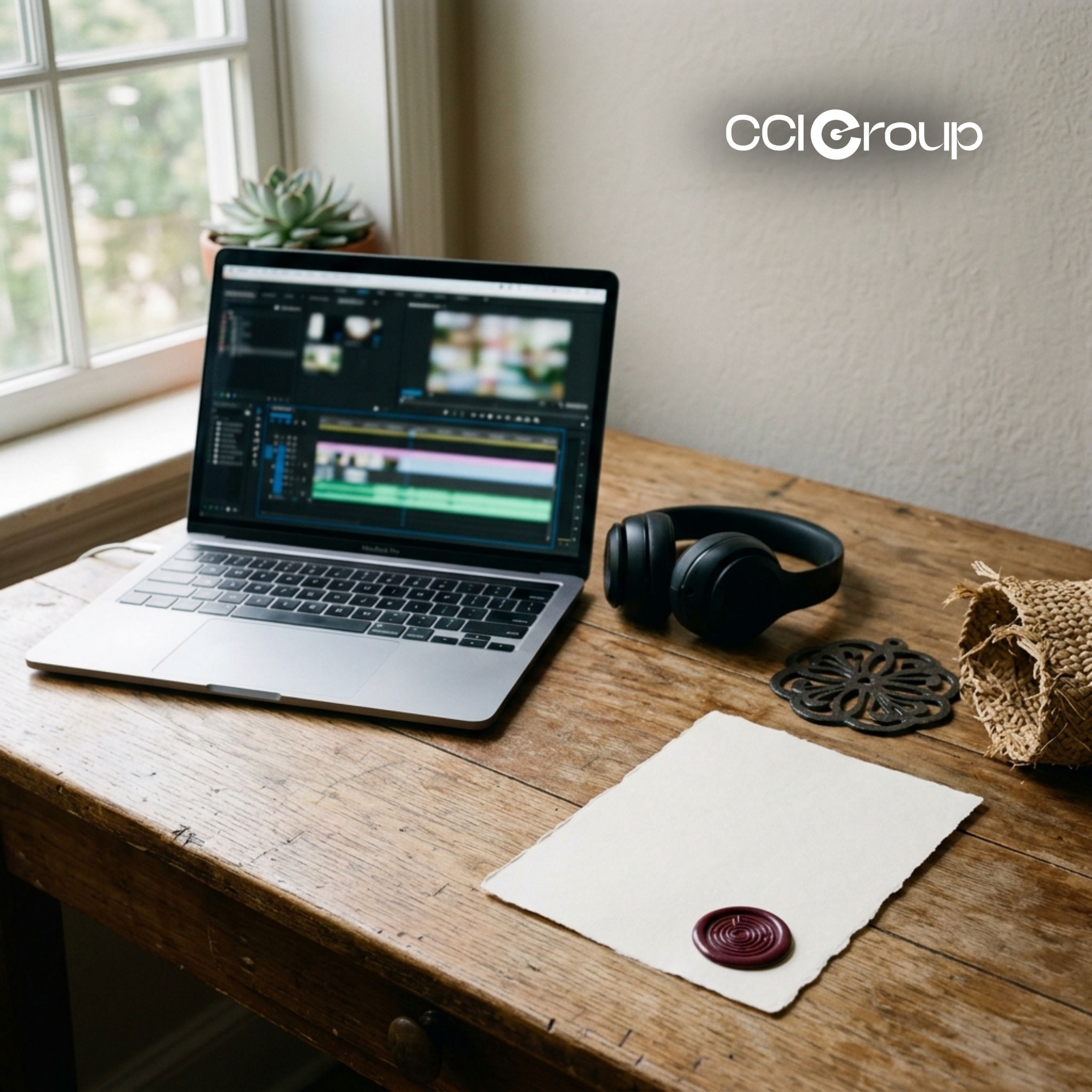Laptop with video editing, headphones, and wax-sealed paper on a desk.