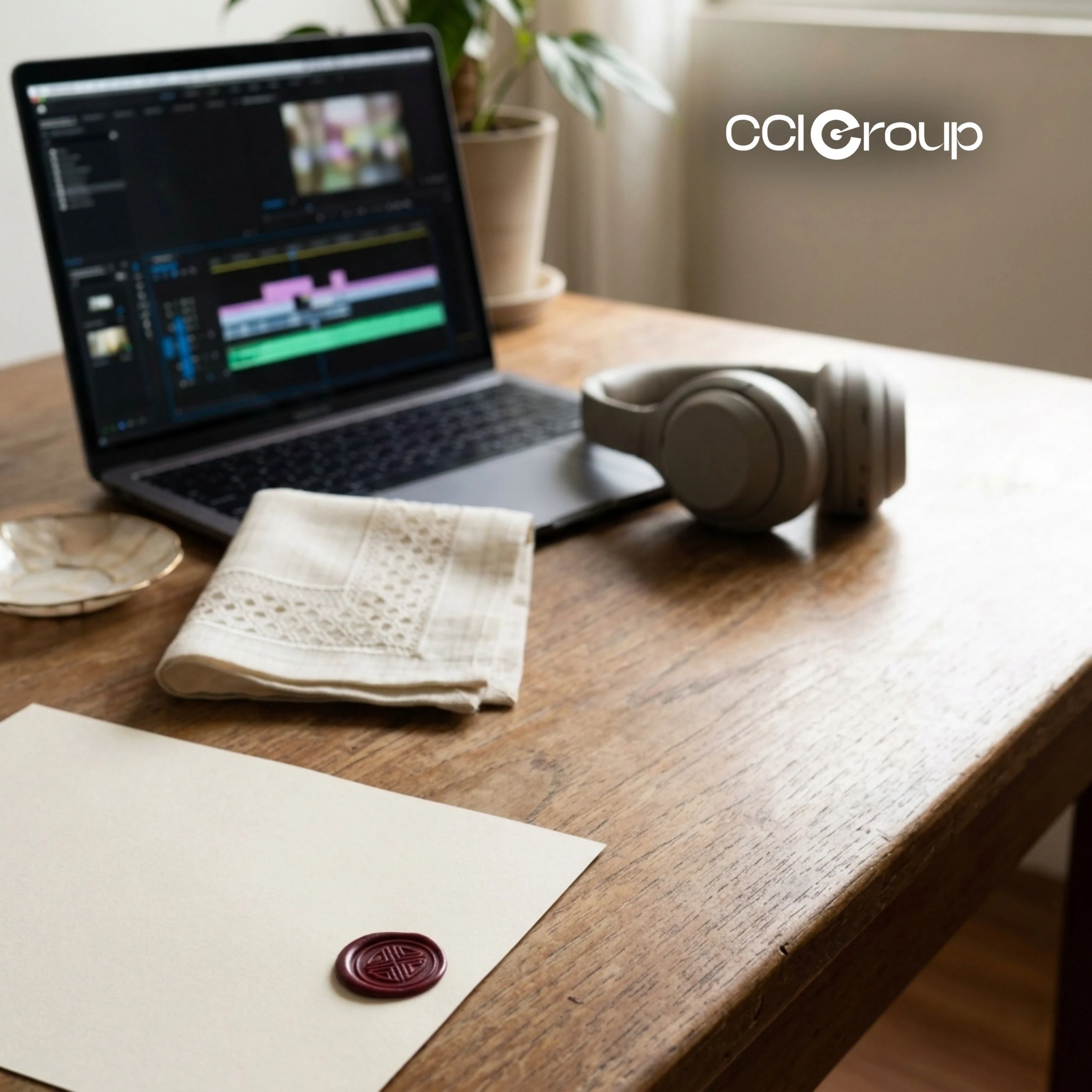 Laptop with editing software, headphones, lace handkerchief and sealed document for professional translation by CCI Group.