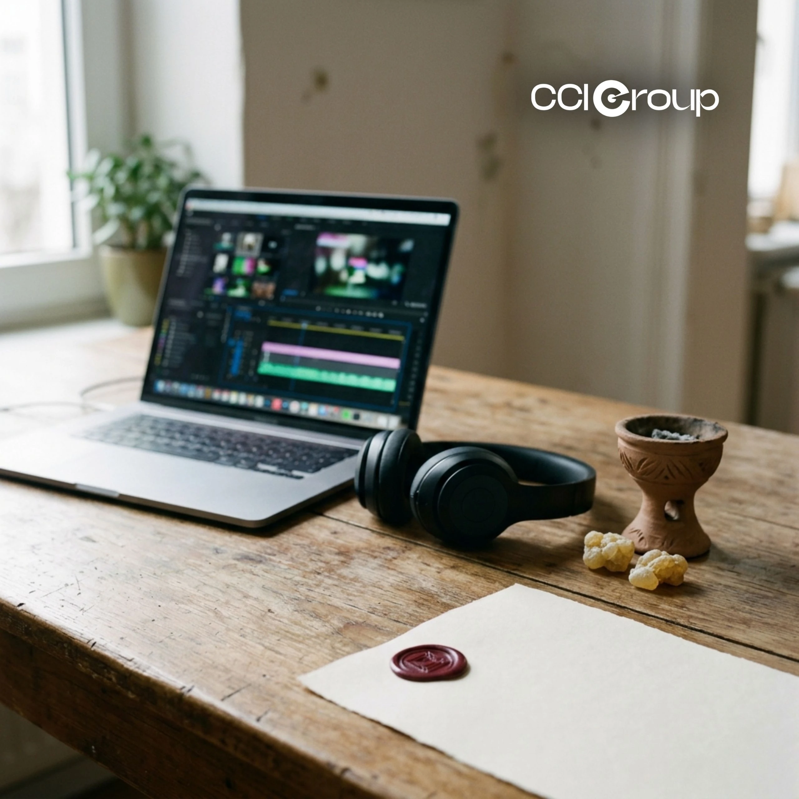 Laptop with video editing, headphones, incense burner, resin, and wax-sealed paper.