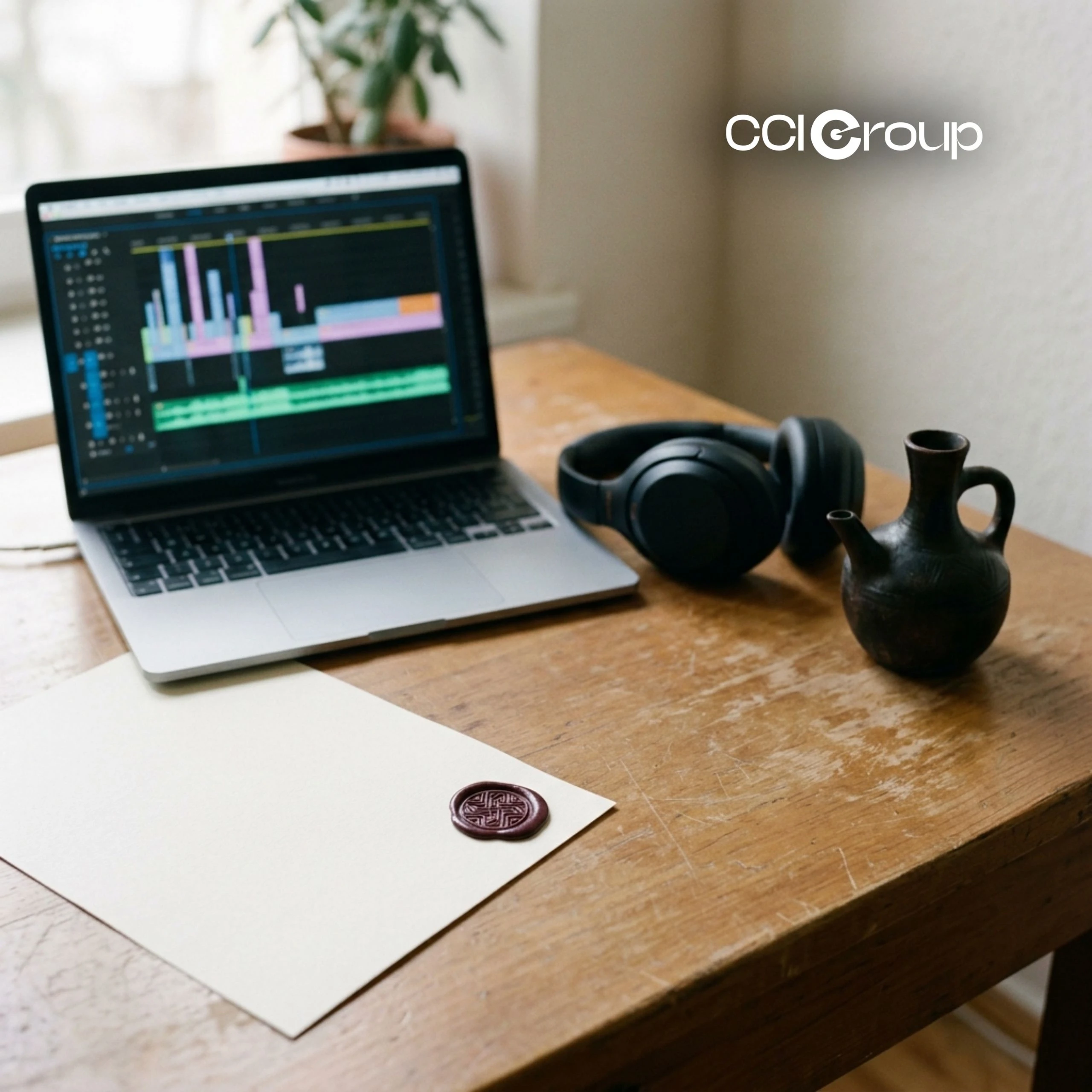 Laptop with editing software, headphones, lace cloth and wax-sealed paper for professional translation by CCI Group.