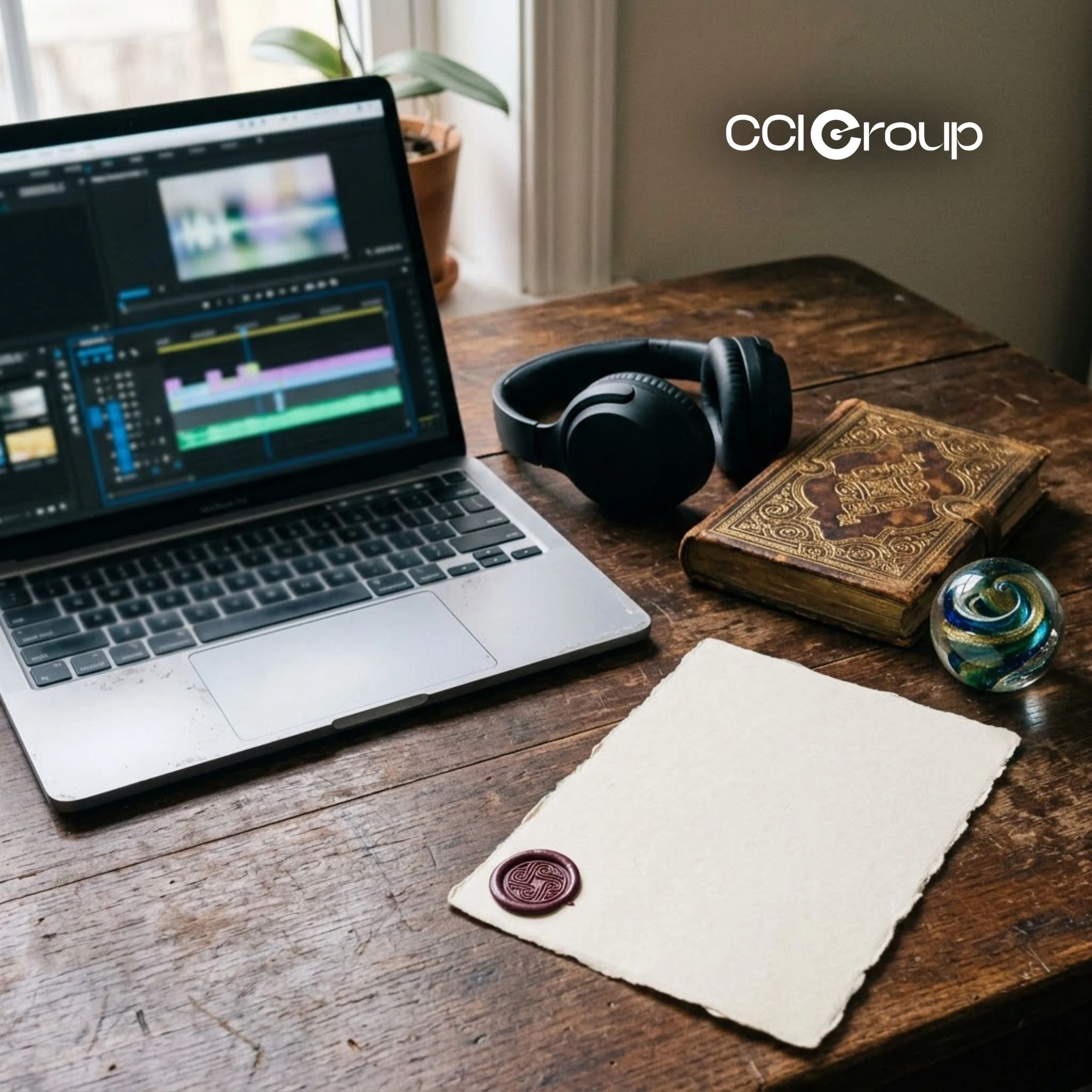 Laptop with editing software, headphones, antique book and sealed document for professional translation by CCI Group.
