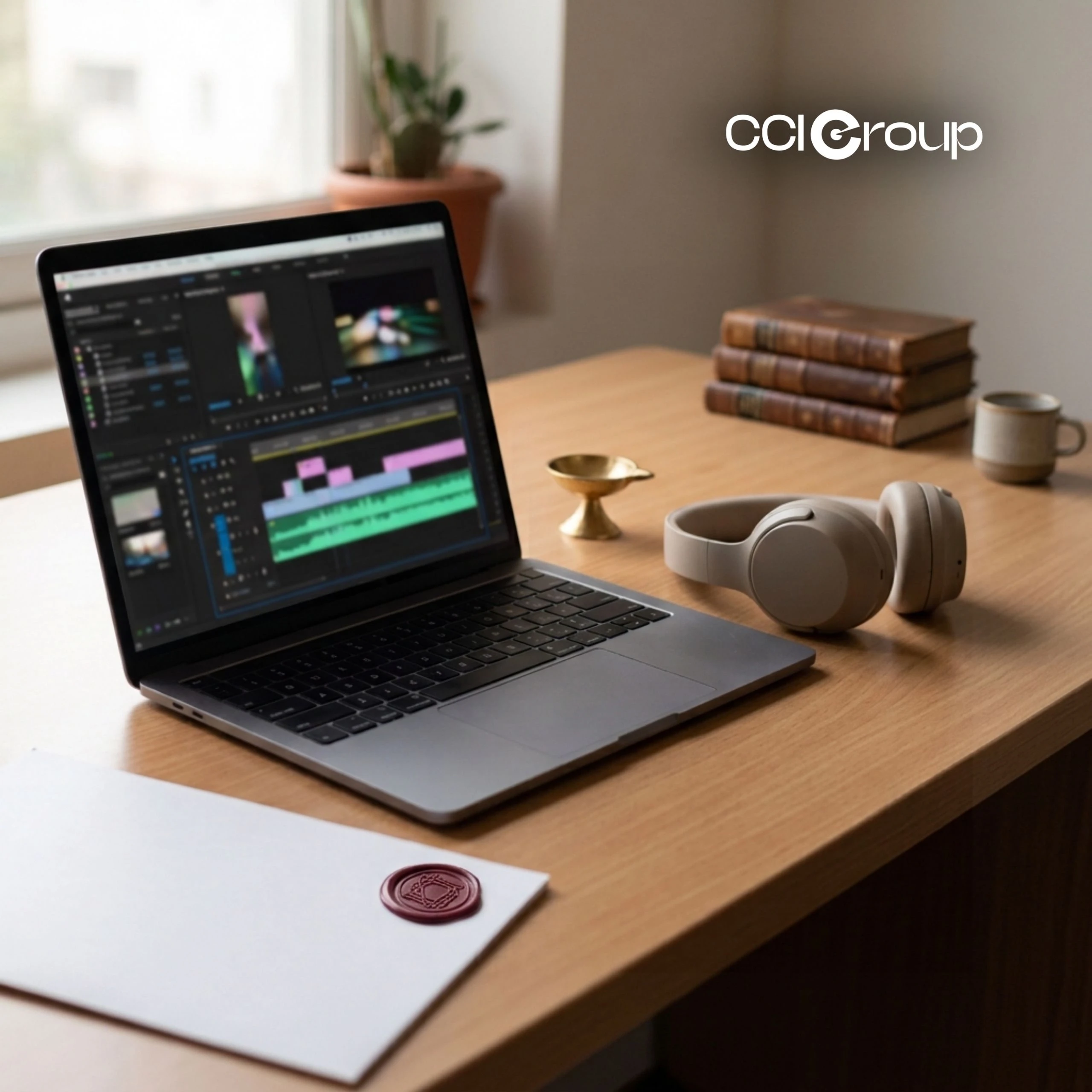 Laptop with video editing, headphones, brass diya, books, and wax-sealed paper.