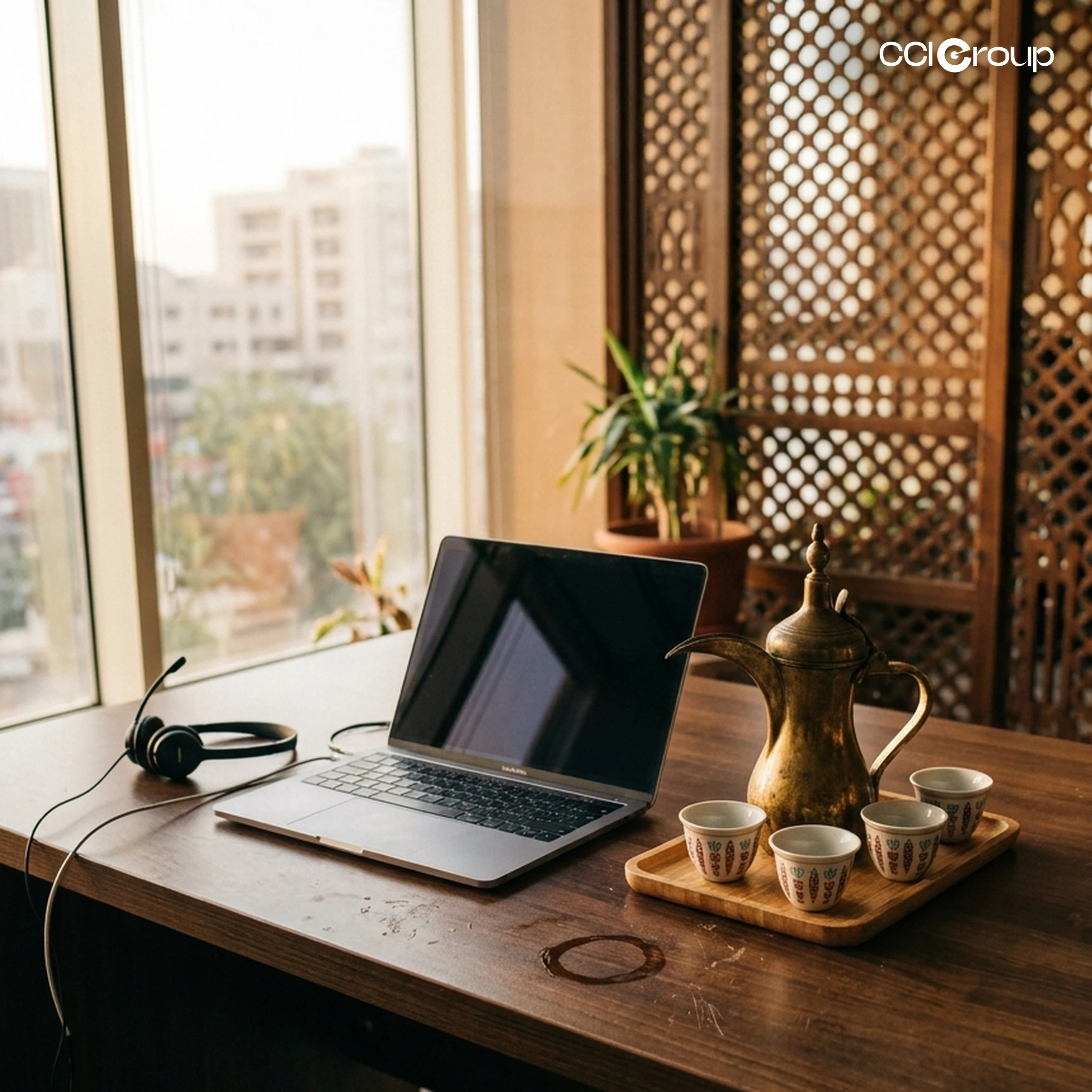Laptop and headset beside a brass dallah coffee pot and cups on a wooden desk by a mashrabiya screen — CCI Group Arabic interpreting services.