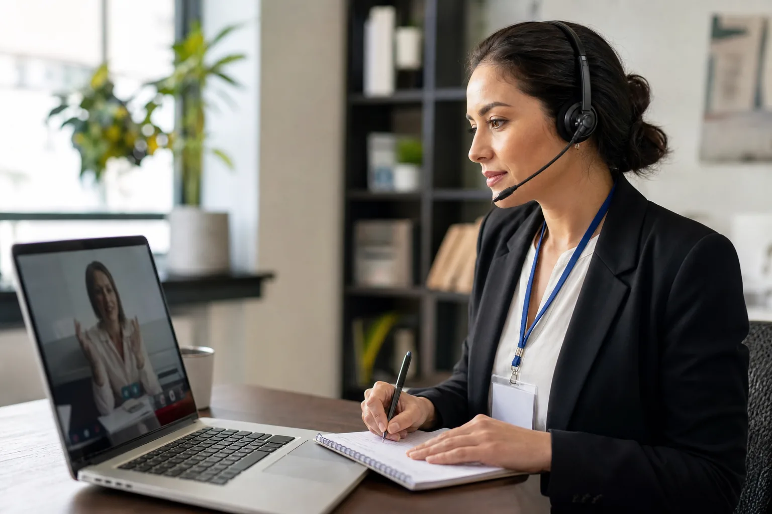 A certified professional interpreter with headset and ID badge working at a desk
