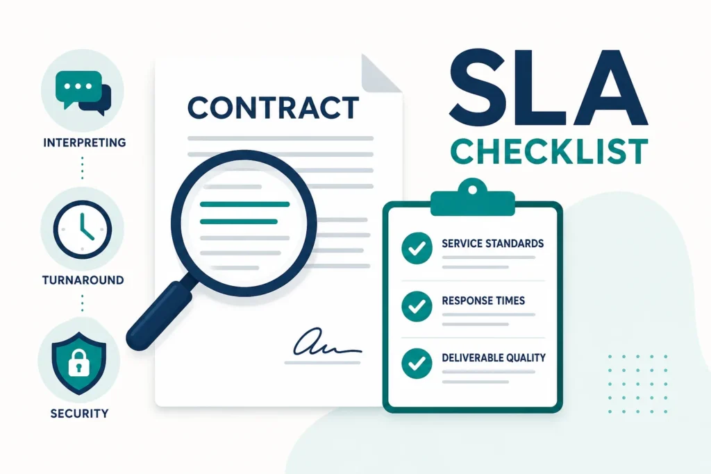 Flat illustration of a language services contract being reviewed with a checklist and SLA icons