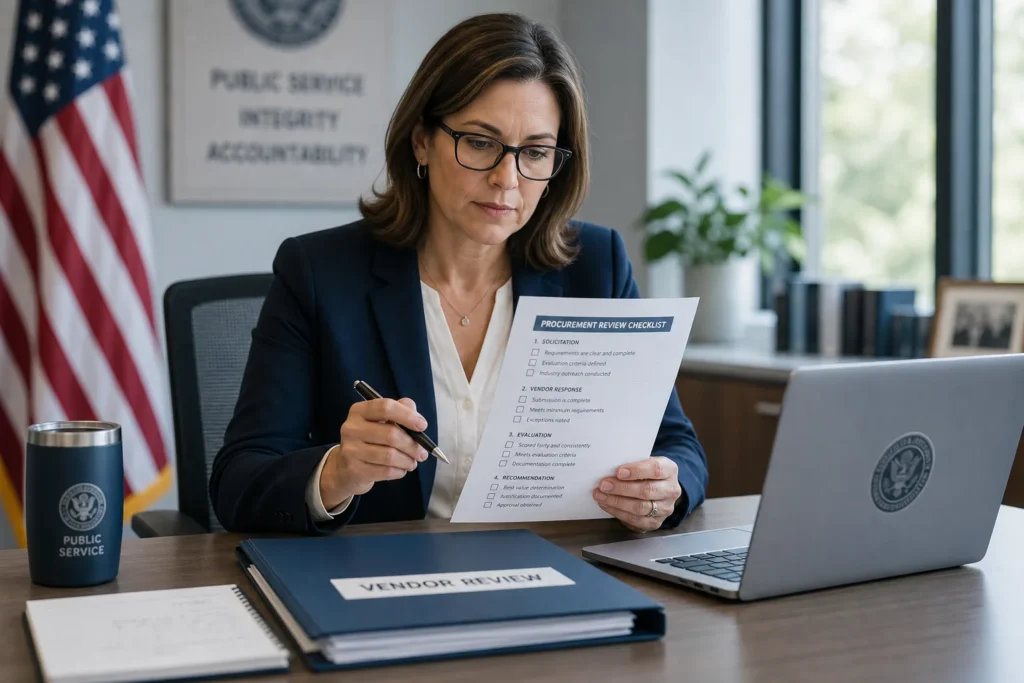 Government buyer reviewing a language service provider selection checklist at a desk