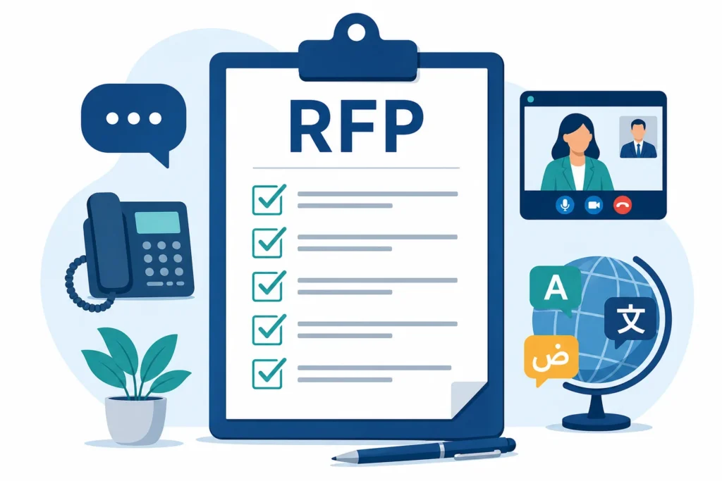 Illustration of an interpreter services RFP checklist surrounded by phone, video, and language icons