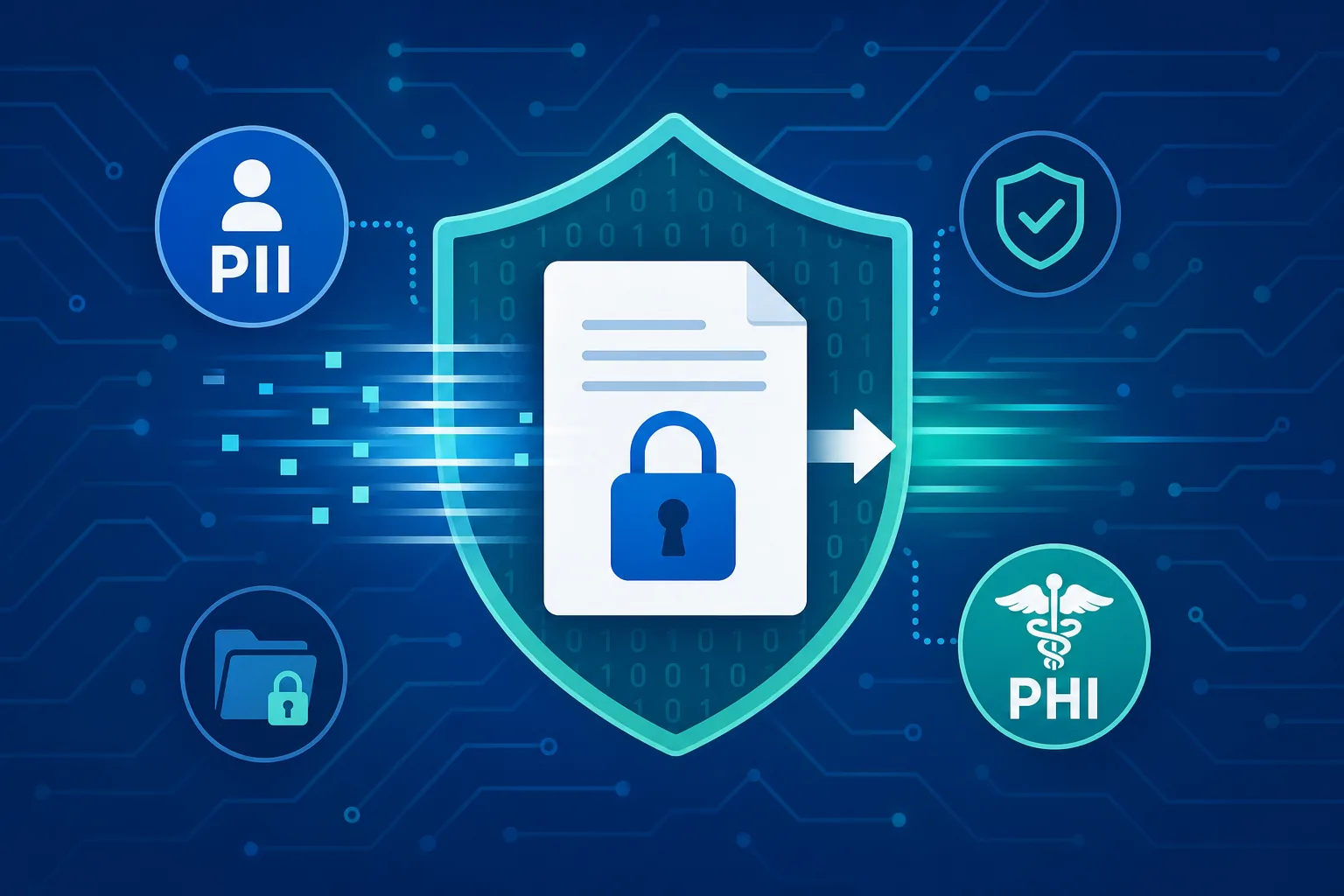 Illustration of secure, encrypted handling of confidential government documents containing PII and PHI