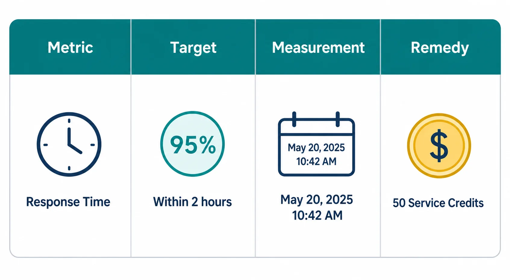 Infographic of a four-column SLA structure showing metric, target, measurement, and remedy