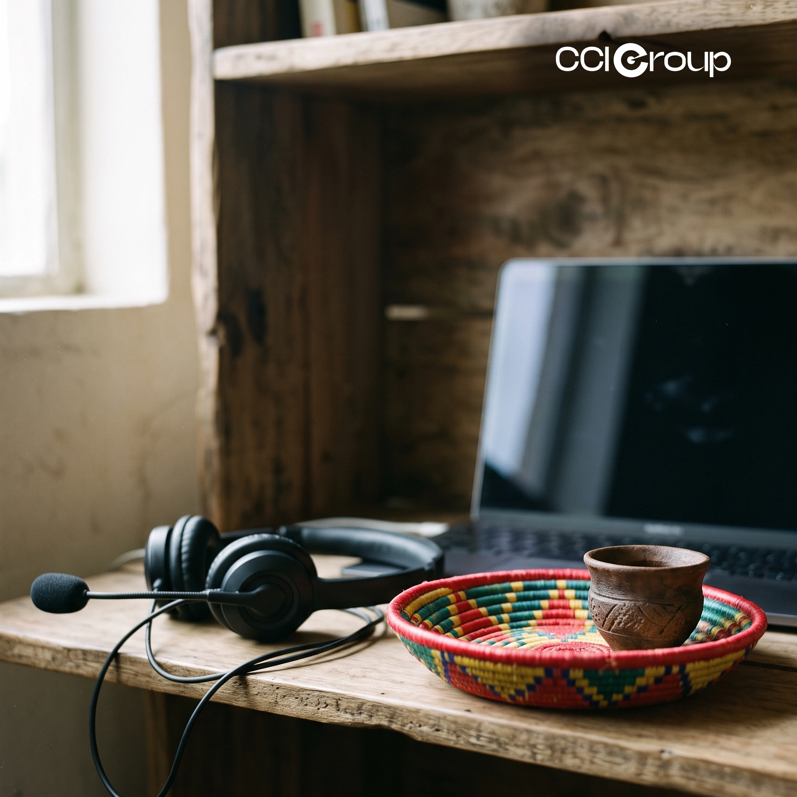 Headset, laptop, and traditional Ethiopian basket with cup for Amharic interpreting services by CCI Group.