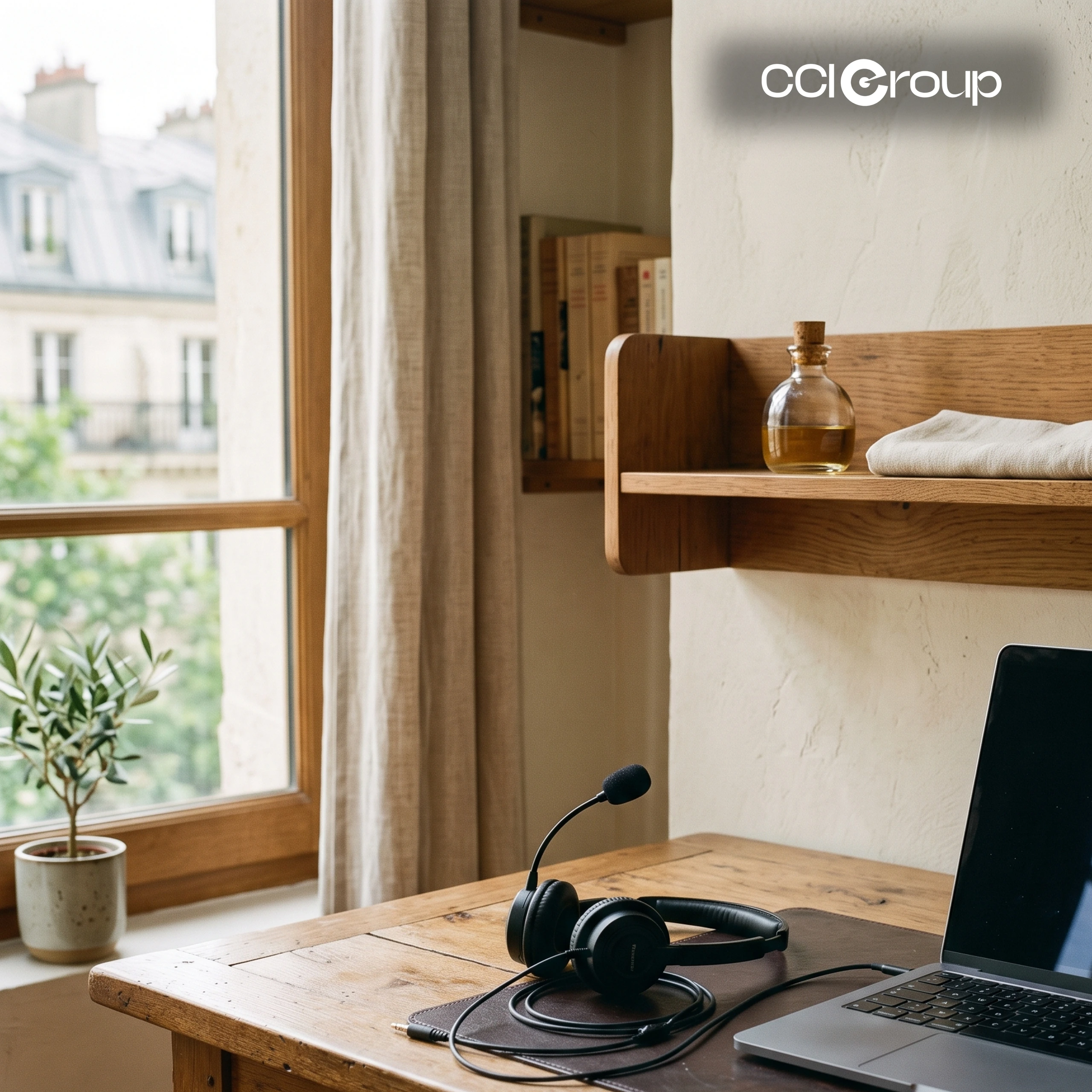 Wooden desk with MacBook, black headset, and olive plant by a window overlooking Paris rooftops.