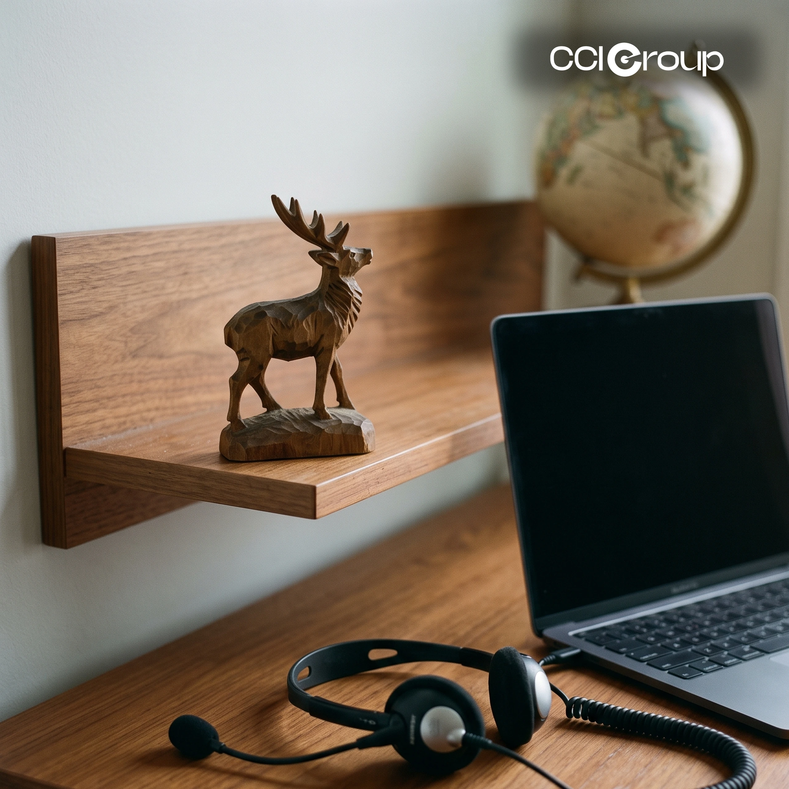 Headset and laptop on a wooden desk beside a hand-carved wooden stag figurine and a vintage globe — CCI Group German interpreting services.