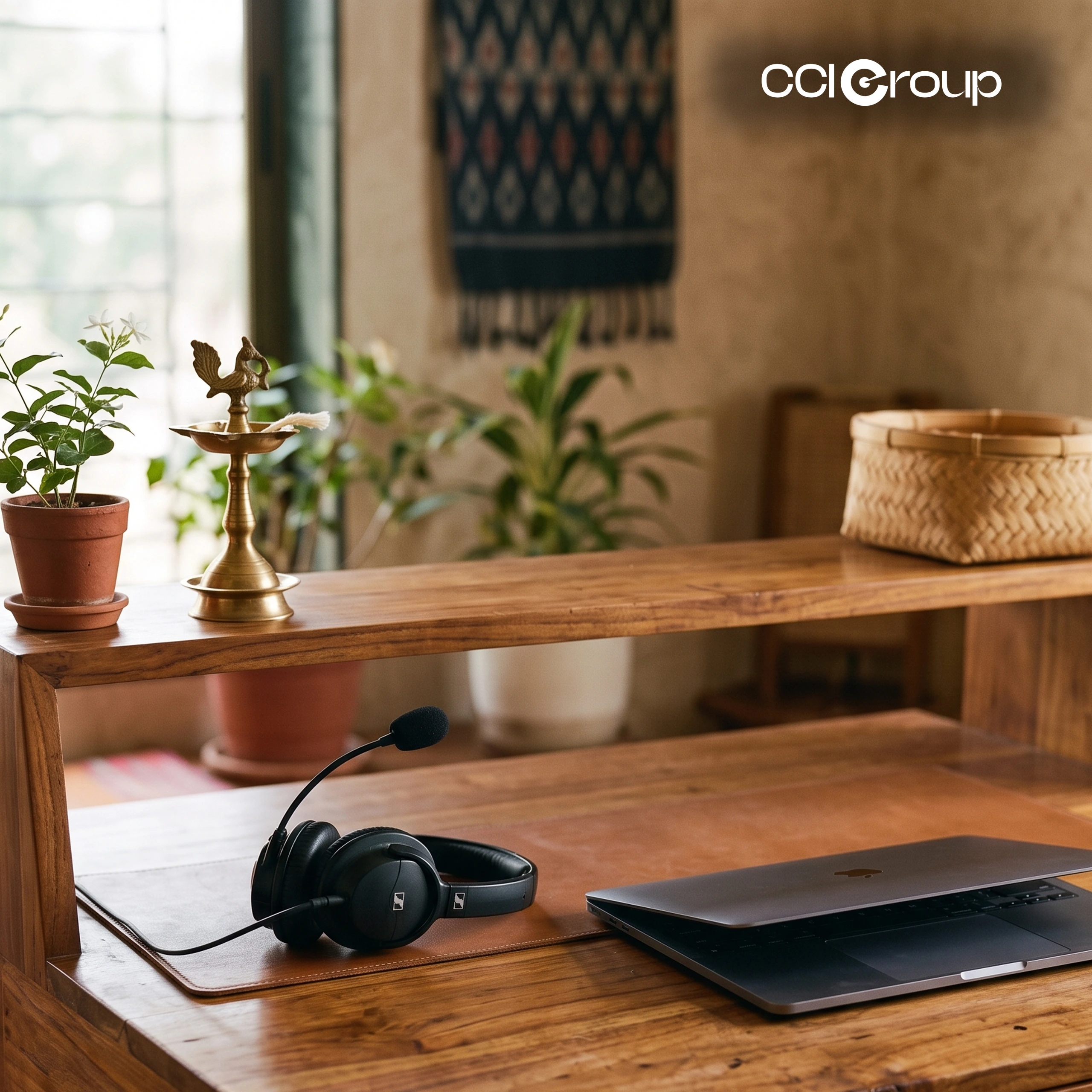 Headset and laptop on a wooden desk near a brass diya oil lamp, jasmine plant, and ikat wall hanging — CCI Group Hindi interpreting services.