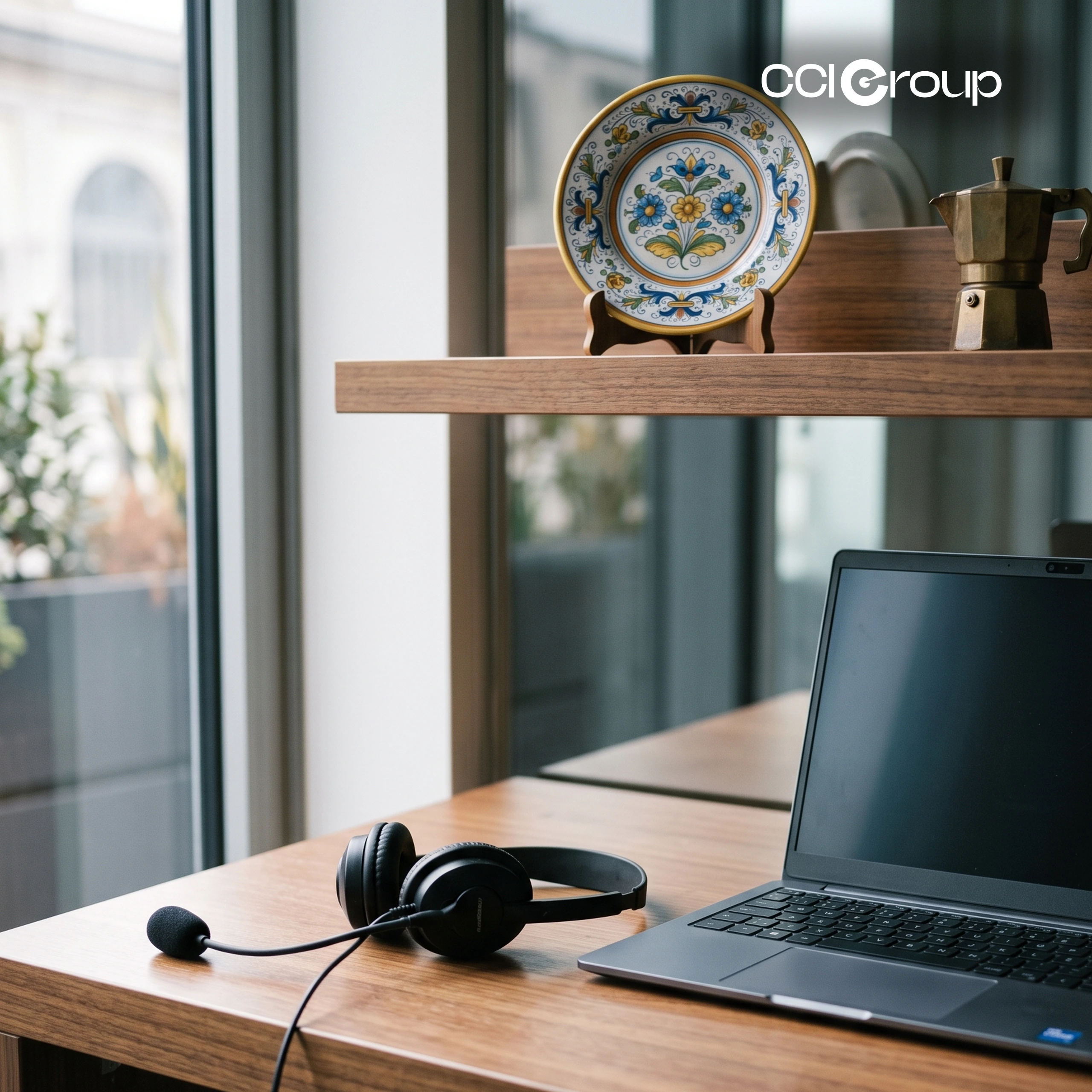 Headset and laptop on a wooden desk below a shelf with a hand-painted Deruta ceramic plate and a moka pot — CCI Group Italian interpreting services.