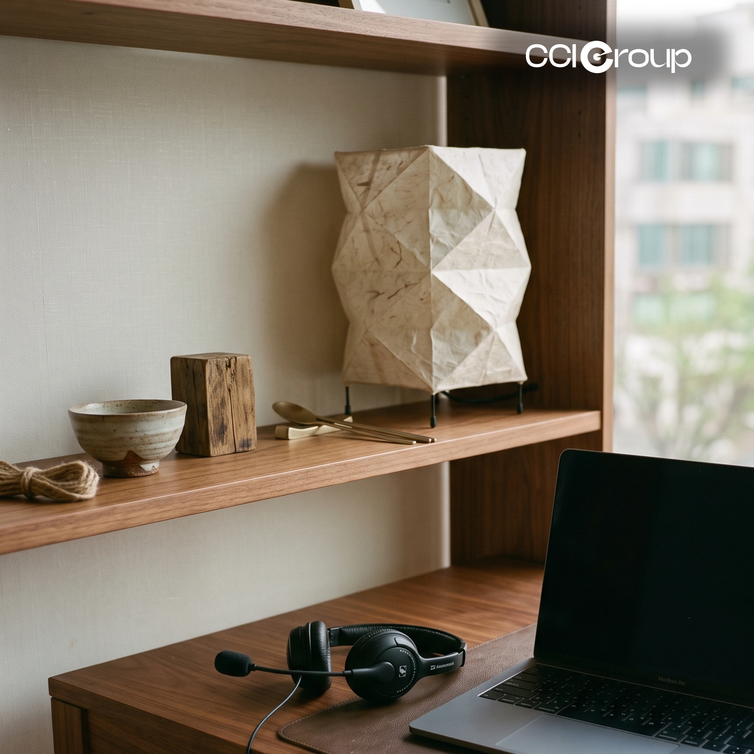 Wooden shelf and desk with MacBook Pro, black headset, ceramic bowl, chopsticks, and geometric paper lamp by a window.