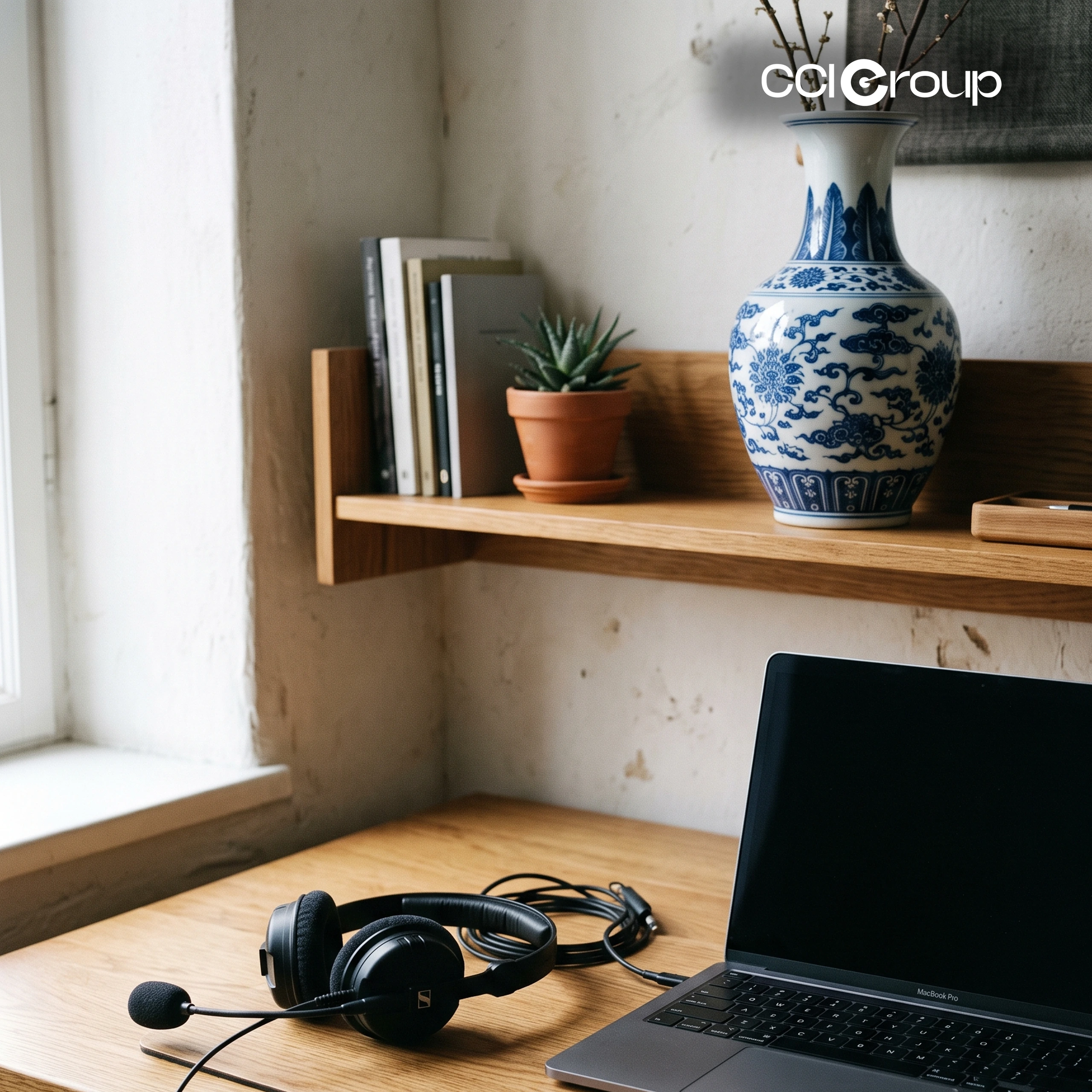 Headset and laptop on a wooden desk below a shelf with a blue-and-white porcelain vase, books, and a succulent — CCI Group Mandarin Chinese interpreting services.