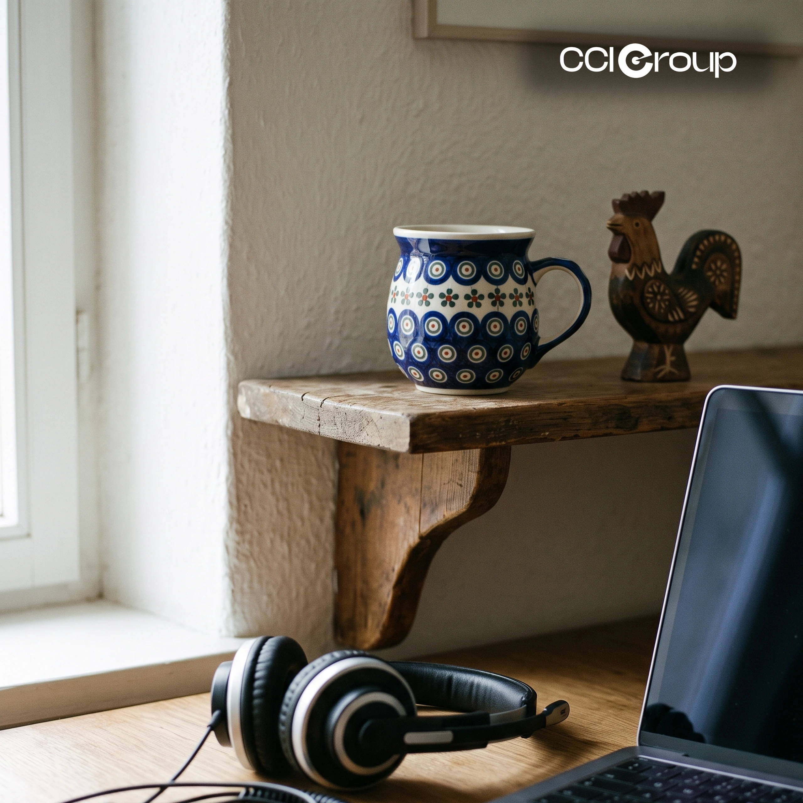 Wooden desk with laptop, black headphones, amber pendant on a stand, and framed Polish folk art by a window.