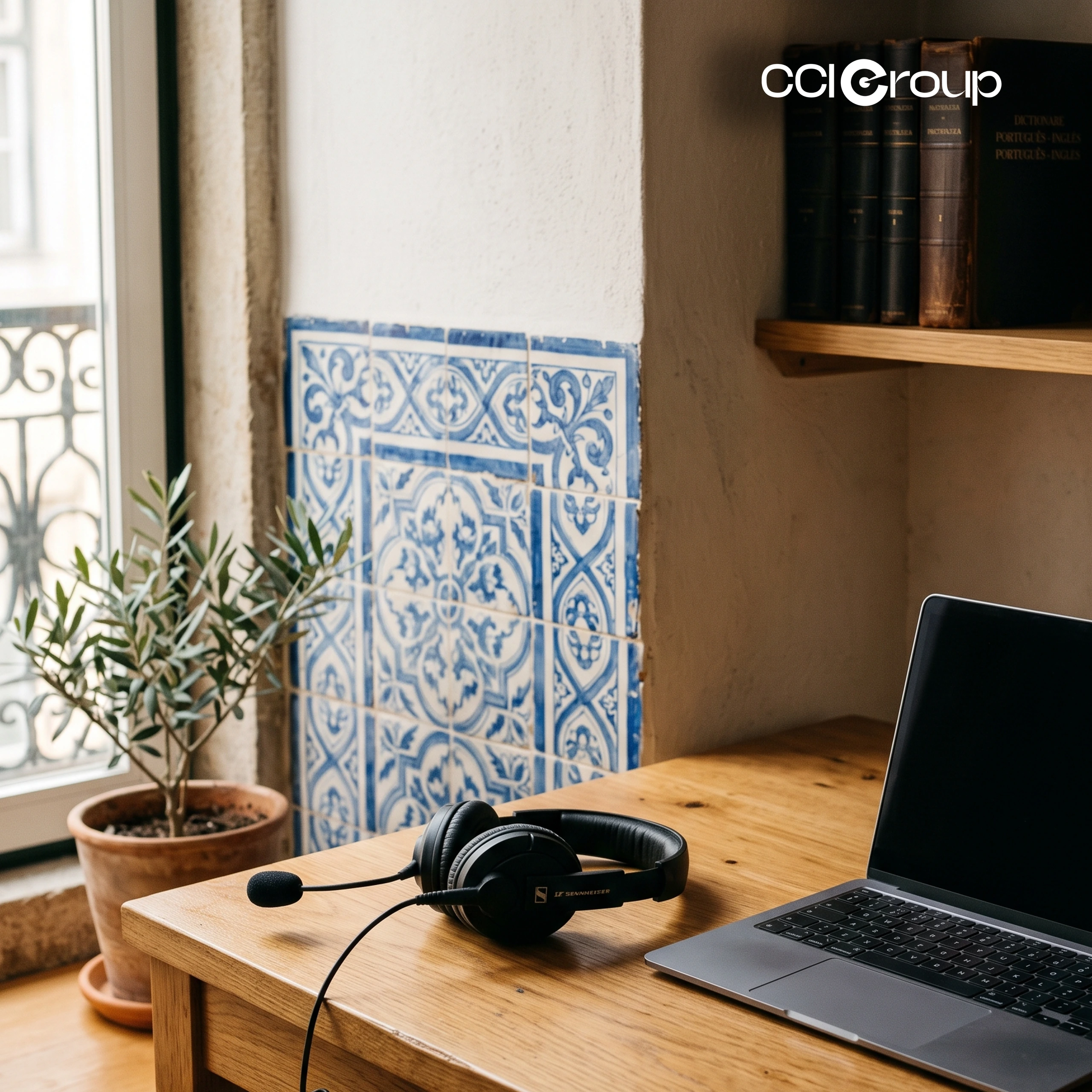 Headset and laptop on a wooden desk beside blue azulejo tiles, an olive tree, and Portuguese dictionaries — CCI Group Portuguese interpreting services.