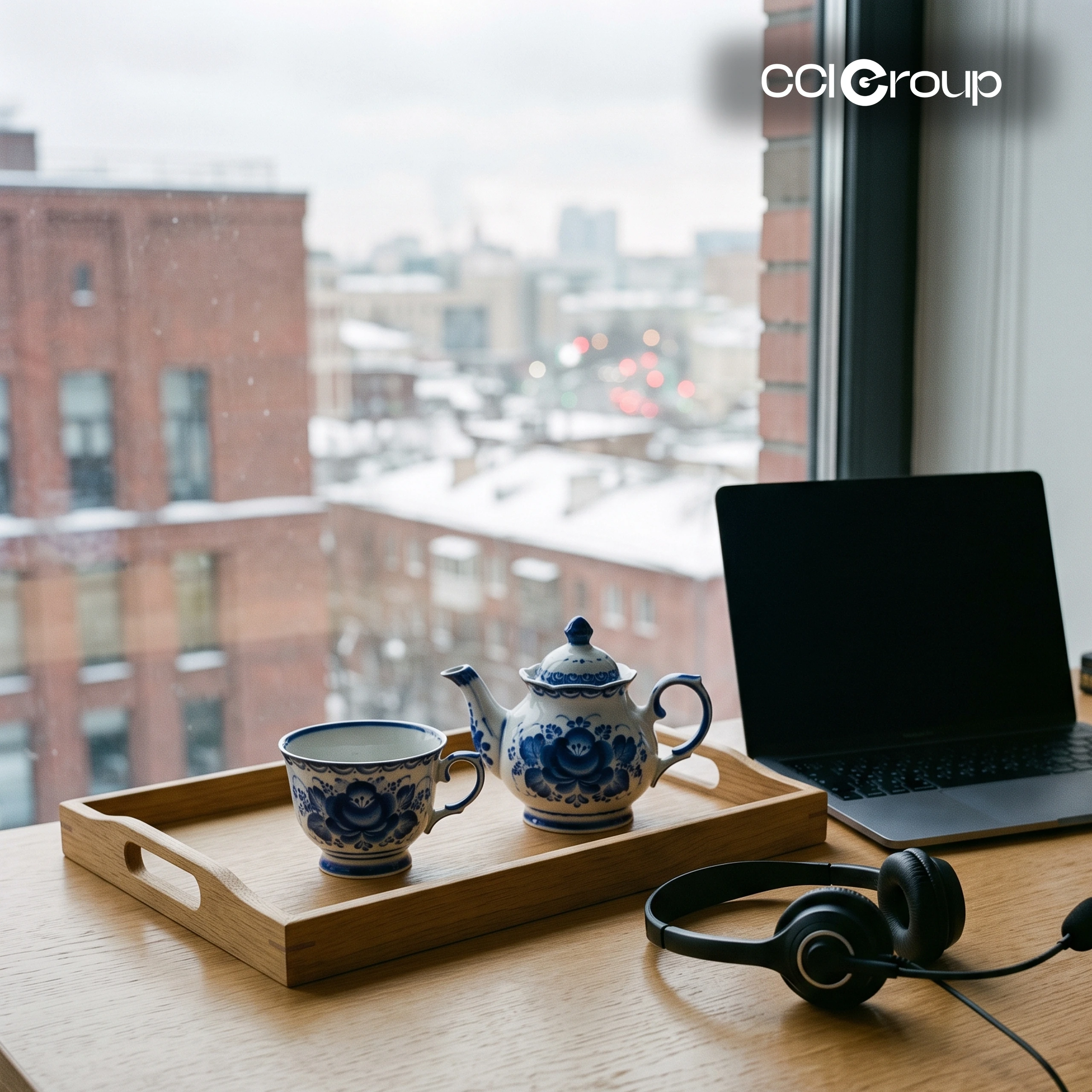 Wooden desk with laptop, black headset, and blue-and-white Gzhel teapot set on a tray by a snowy city window.