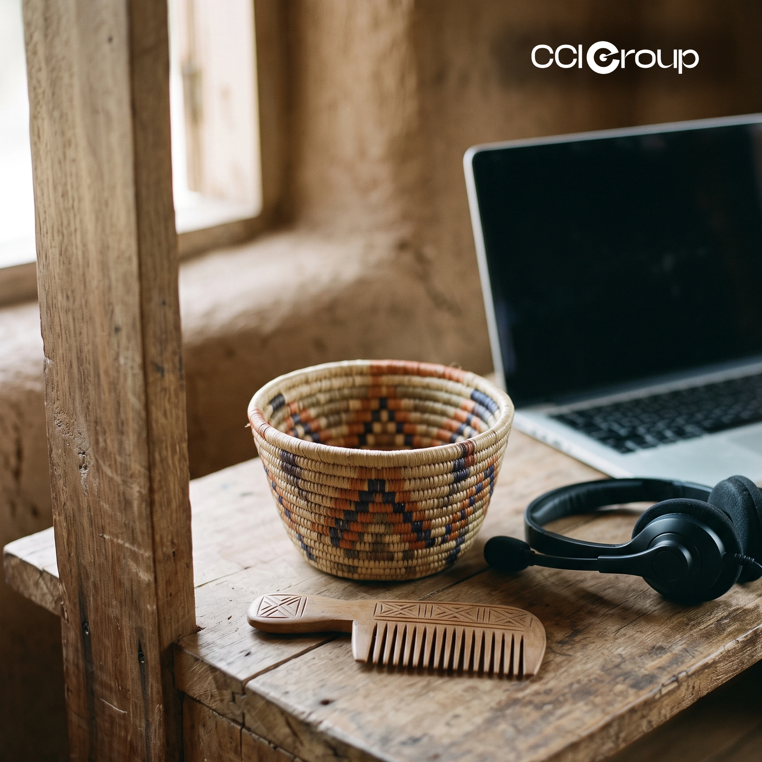 Somali interpretation services with traditional basket and headset on wooden desk