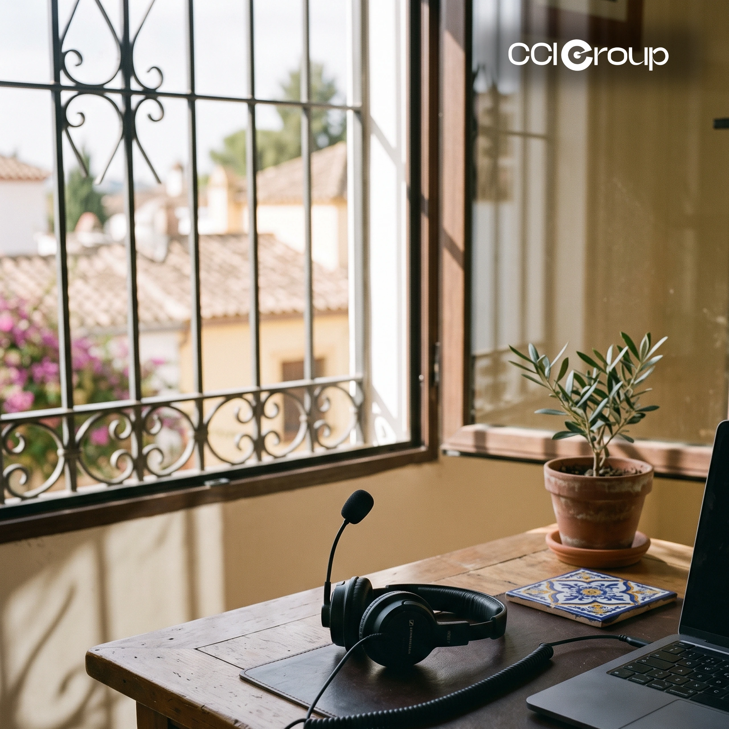 Headset with microphone and laptop on a rustic desk by a wrought-iron window overlooking Spanish rooftops — CCI Group Spanish interpreting services.