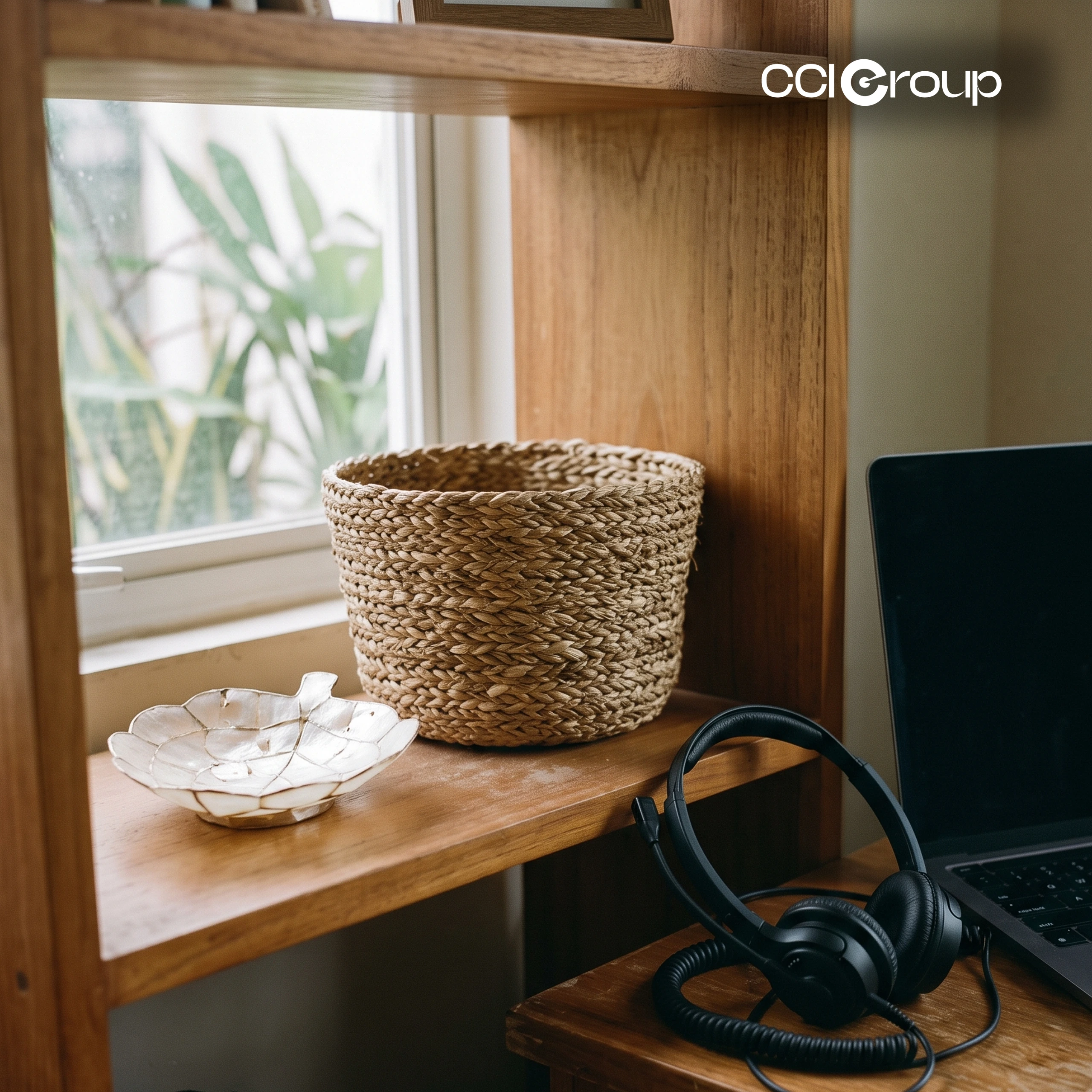 Wooden desk with laptop, black headset, woven basket, and mother-of-pearl shell dish by a window.
