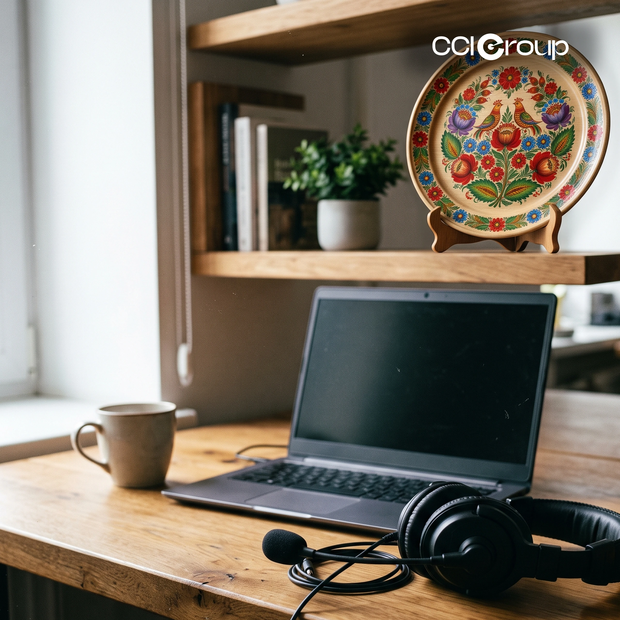 Laptop, headset, and mug on a wooden desk below a shelf with a Petrykivka-painted decorative plate — CCI Group Ukrainian interpreting services.