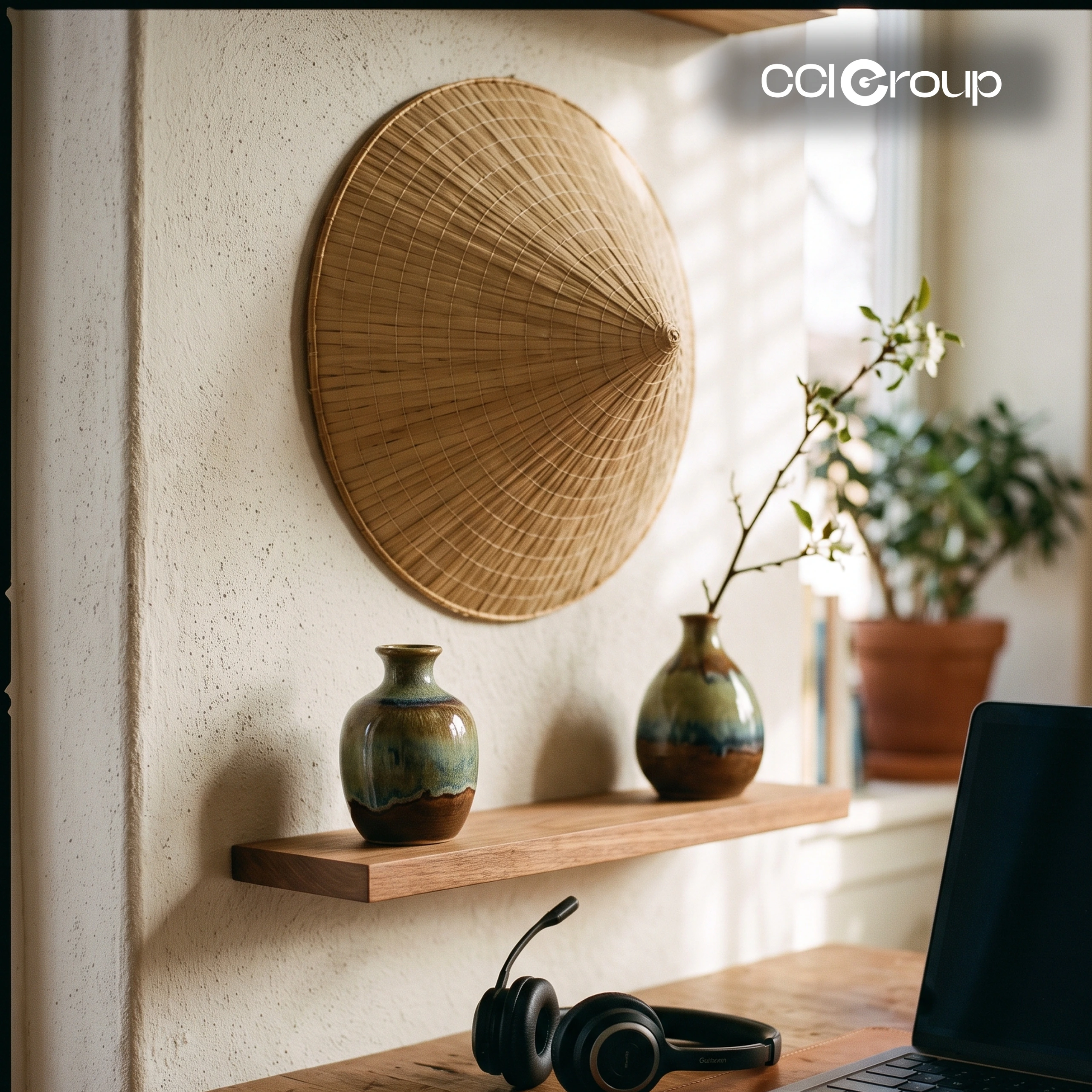 Headset and laptop on a desk below a wall-mounted nón lá conical hat, glazed ceramic vases, and a plant — CCI Group Vietnamese interpreting services.
