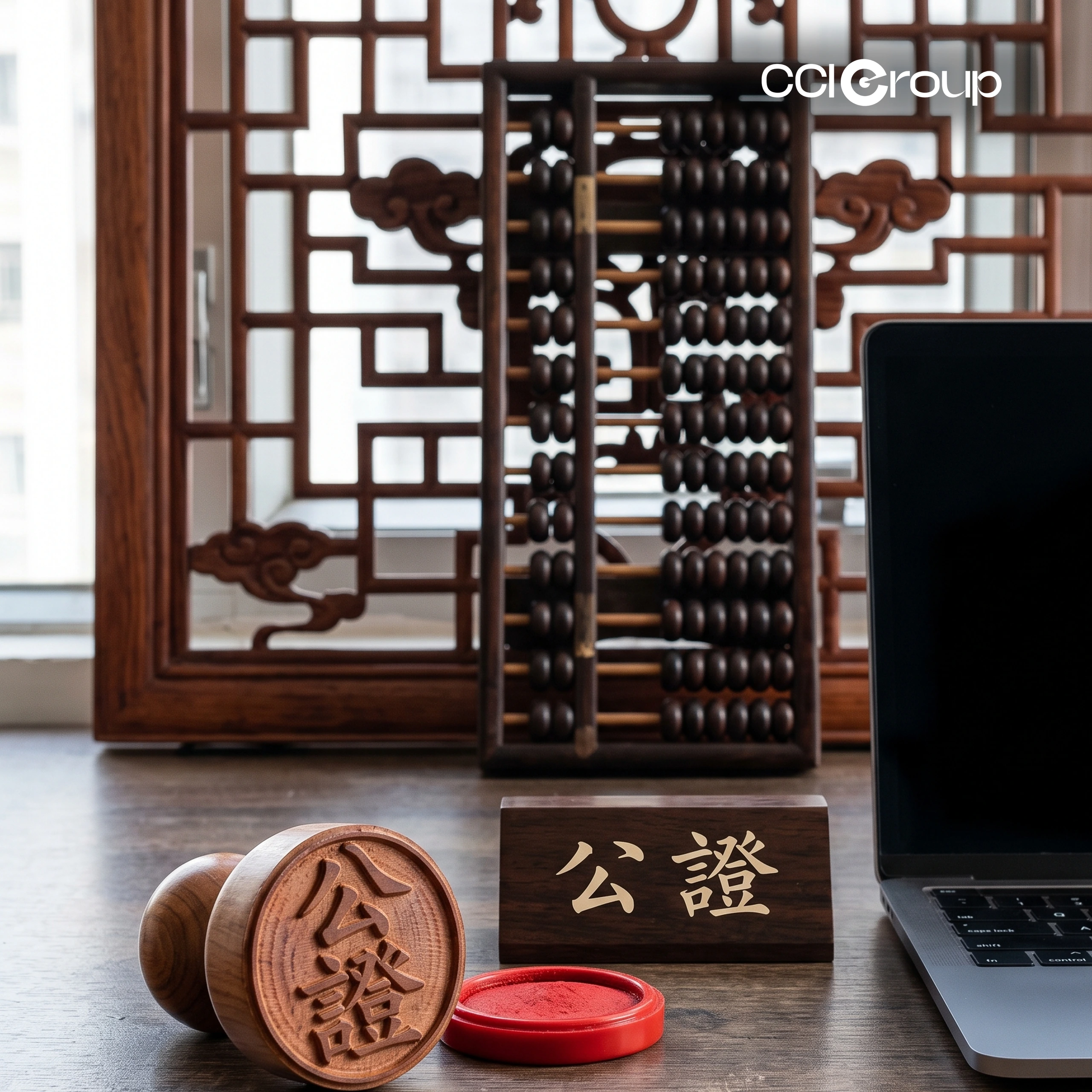 Wooden 公證 (notarization) stamp with red ink beside a matching nameplate, an abacus and laptop, representing Cantonese/Hong Kong notary services from CCI Group.