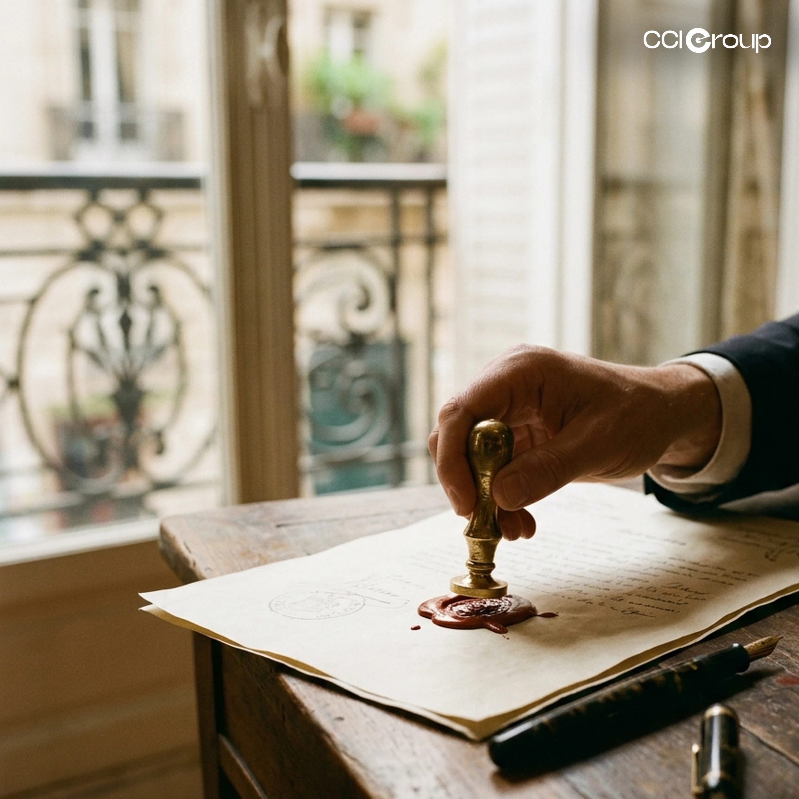 Hand applying red wax seal to official document for France notarization services by CCI Group